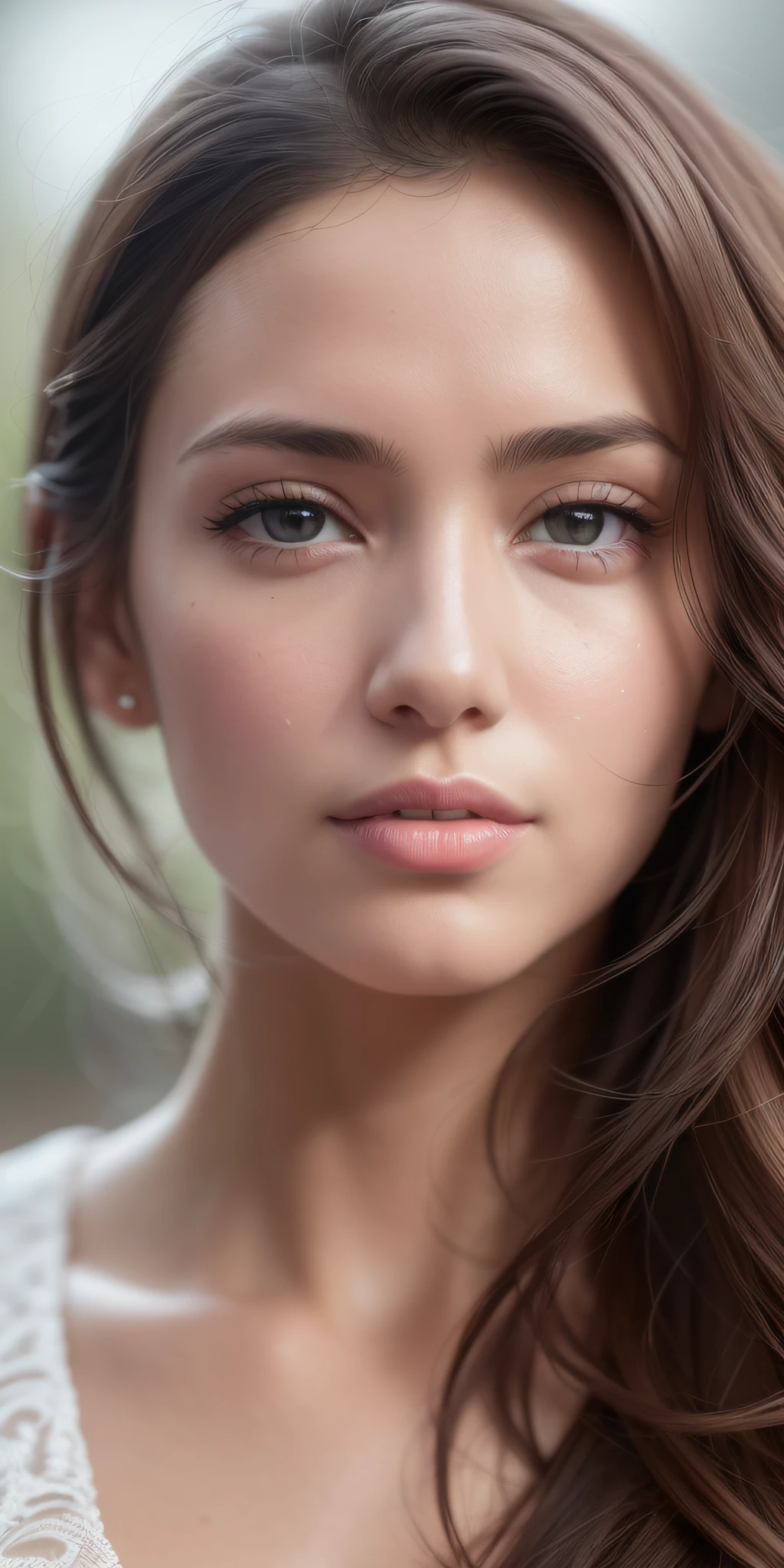 A 35 year old European girl, RAW, beautiful woman, half-open strawberry lips, dimples, longing look, (extra long wavy brown hair), ((detailed face), ((detailed facial features)), (delicate skin), pale skin , deserted big city environment, (cool tones) (masterpiece) (perfect proportions) (realistic photos) (best quality) (detailed) Shot on Canon EOS R5, 50mm lens, f/2.8, HDR, (8k) (wallpaper) (Cinematic Lighting) (Dramatic Lighting) (Sharp Focus) (Complex), RAW Photo, RAW Photo, Gigachad Photo, Pose Camera, Cocked Arm, 8k Ultra HD, DSLR, High Quality, Grain Film, Fujifilm XT3, Super Complex, Perfect Detail, Marvel at Great Works, Completely Transparent White Underwear, Perfect Figure, Seductive Eyes, Big Big Breasts, Semi-Sideways, Supermodel