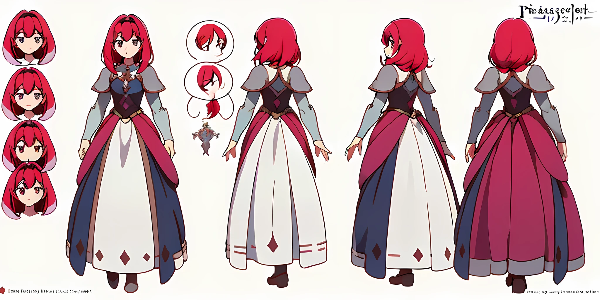 ((masterpiece)),(((best quality))),(character design sheet,same character,front,side,back),illustration,1 girl,red hair,princess cut,hair on eyes,beautiful eyes, Environment change, pose too, medieval princess dress, magic, charturnbetalora, (simple background, white background: 1.3)