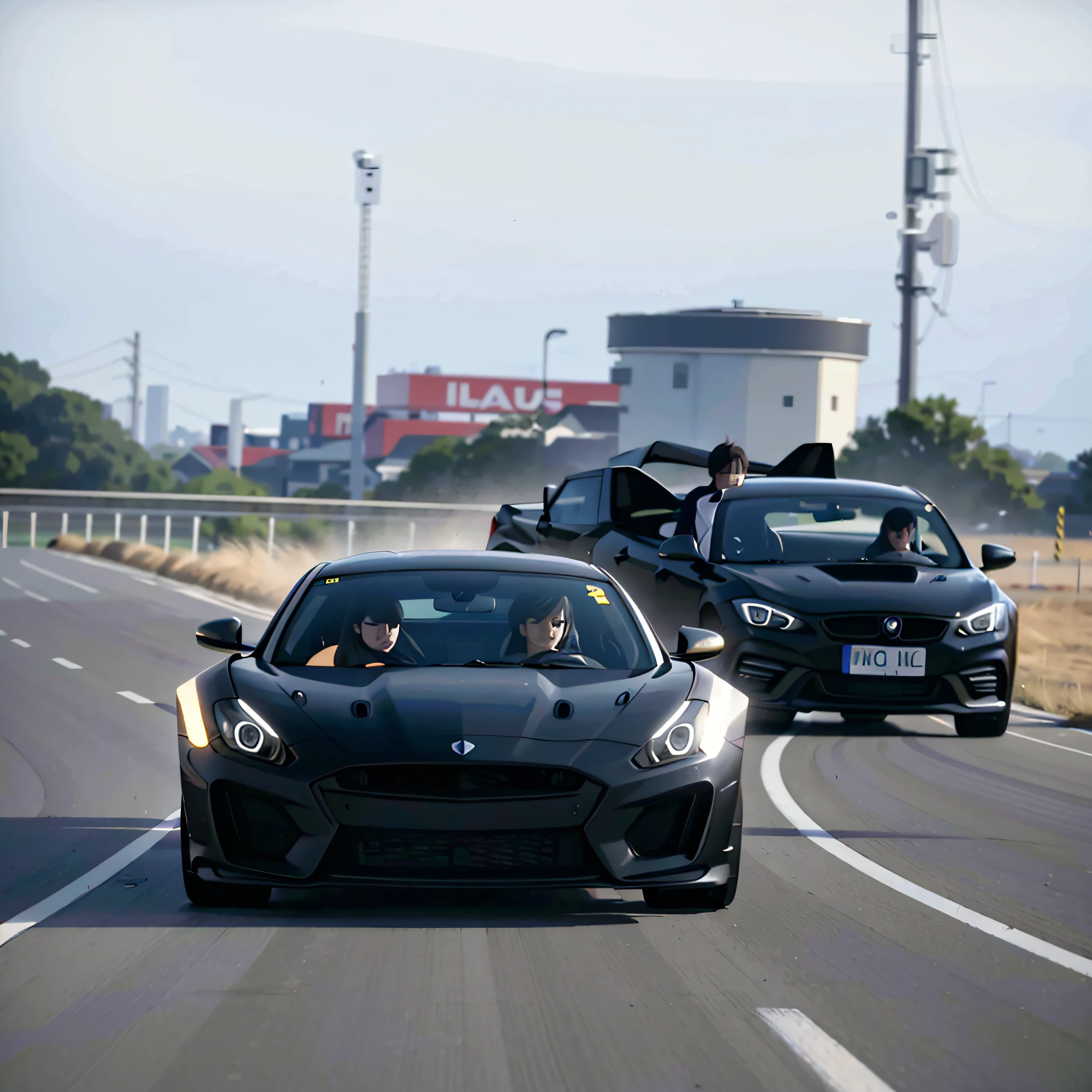 A black sports car driving on the road, extremely strong wind, high-speed chase, high wind, HD quality, 4K picture quality, handsome sports car on the highway, the car moves fast, the license plate says SAROTIN, there are no cars and people around.