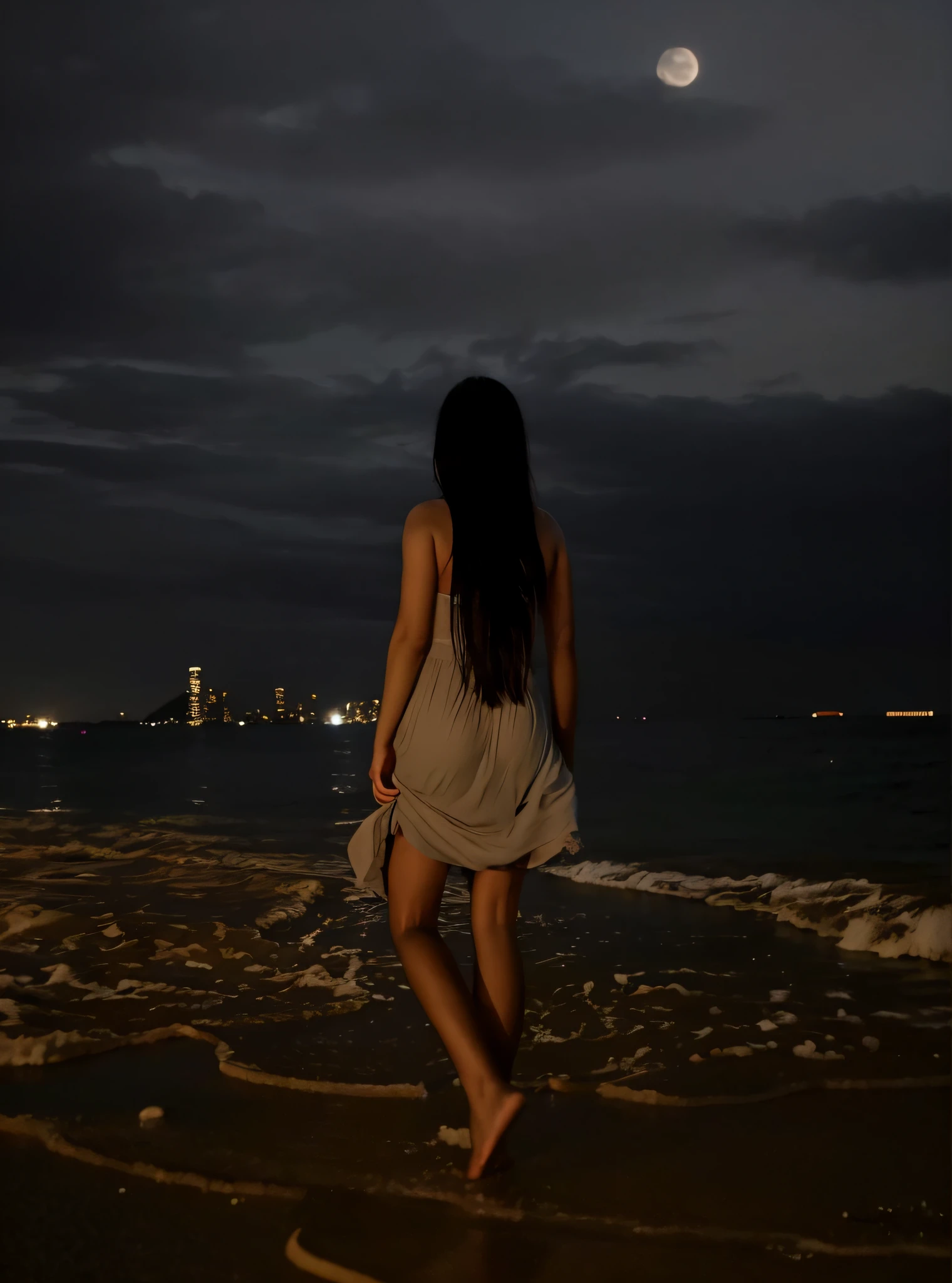 there is a woman walking on the beach at night, sitting on the beach at night, calm night. over shoulder shot, night time footage, walking away from camera, walking away from the camera, standing at the beach, at night with moon light, walking towards the full moon, harsh flash photo at night, light dress, walking on the beach, walking on the sand