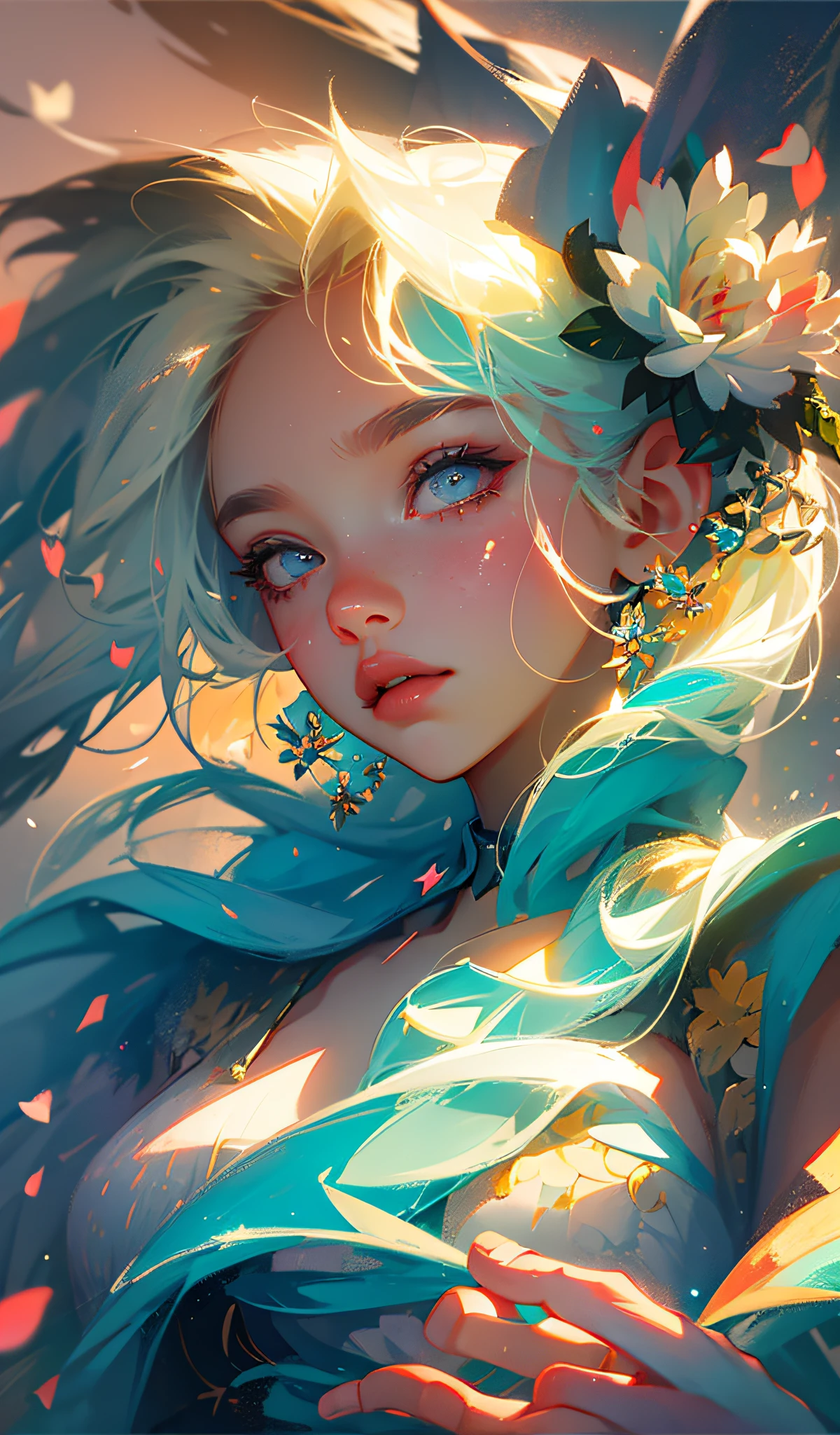 (Excellent, Masterpiece), Upper Body, 1Girl, Pose, Particles, Wind, Flower, Simple Background, Looking at the Viewer, Focus on the Face, Blonde,