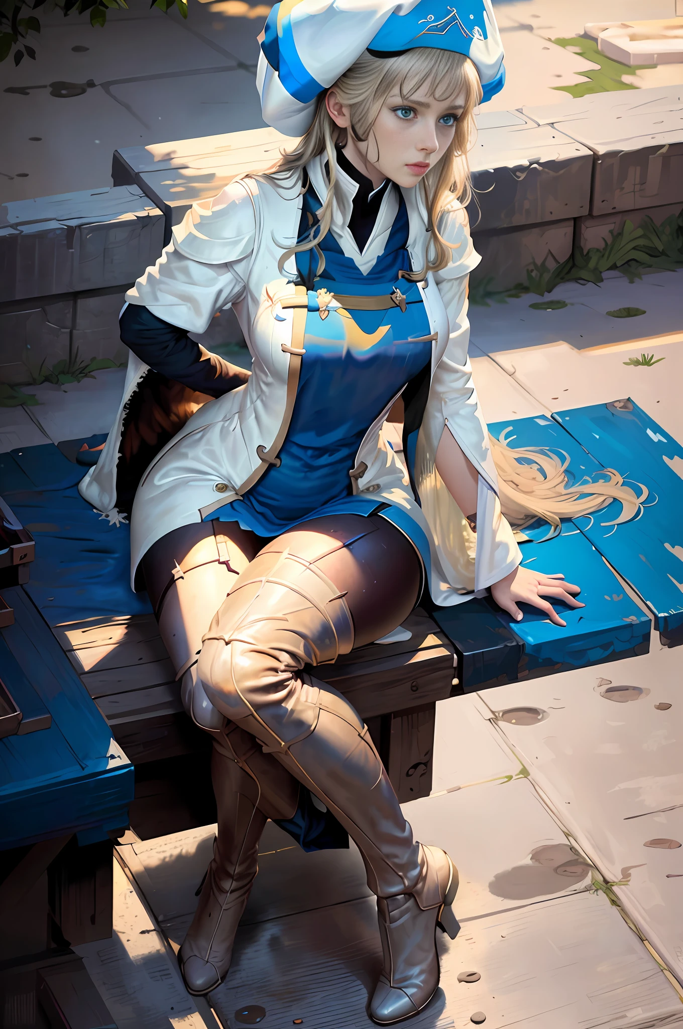 masterpiece, realistic, realism, photorealism, high contrast, photorealistic digital art trending on Artstation 8k HD high definition detailed realistic, young beautiful woman, petite, very small perky breasts, ((blue eyes)), blonde knee long hair, tight white boots, white knee high socks, ((priestess)), parted lips, art by artgerm and ruan jia and greg rutkowski surreal painting, detailed, skin texture, hyper-detailed, realistic skin texture, side view, garden, praying, head down, sitting,