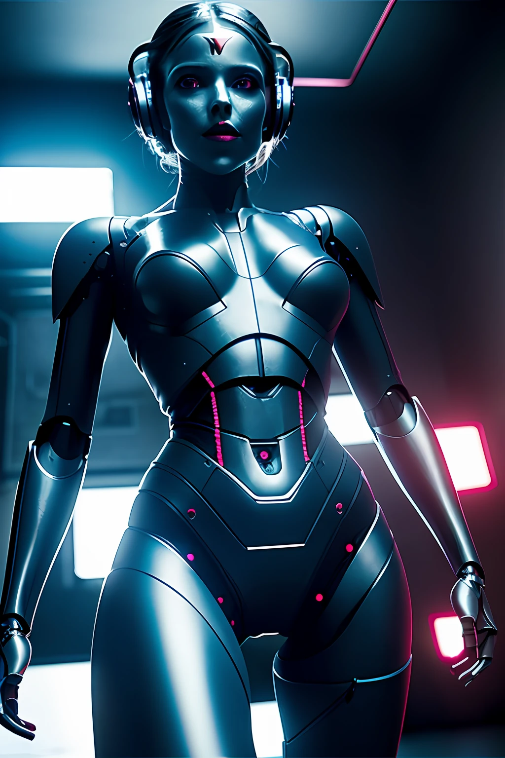 Dark background, hyper real photo of ((cute robot girl inside a dark room without dress)), in front of sci-fi laboratory, With wires on the head, sexy feminine body, ((detailed realistic face and eyes)), cybepunk, cinematic lighting, 8k resolution, (modelshoot style), neon, (from_below:1.4), soft small uncovered boobs, Cables instead of hair, natural breasts, rim light, (A photo from the centerfold of a men's magazine, the winner of the world photo award, a photo that causes sexual attraction in any man), photo awards winner