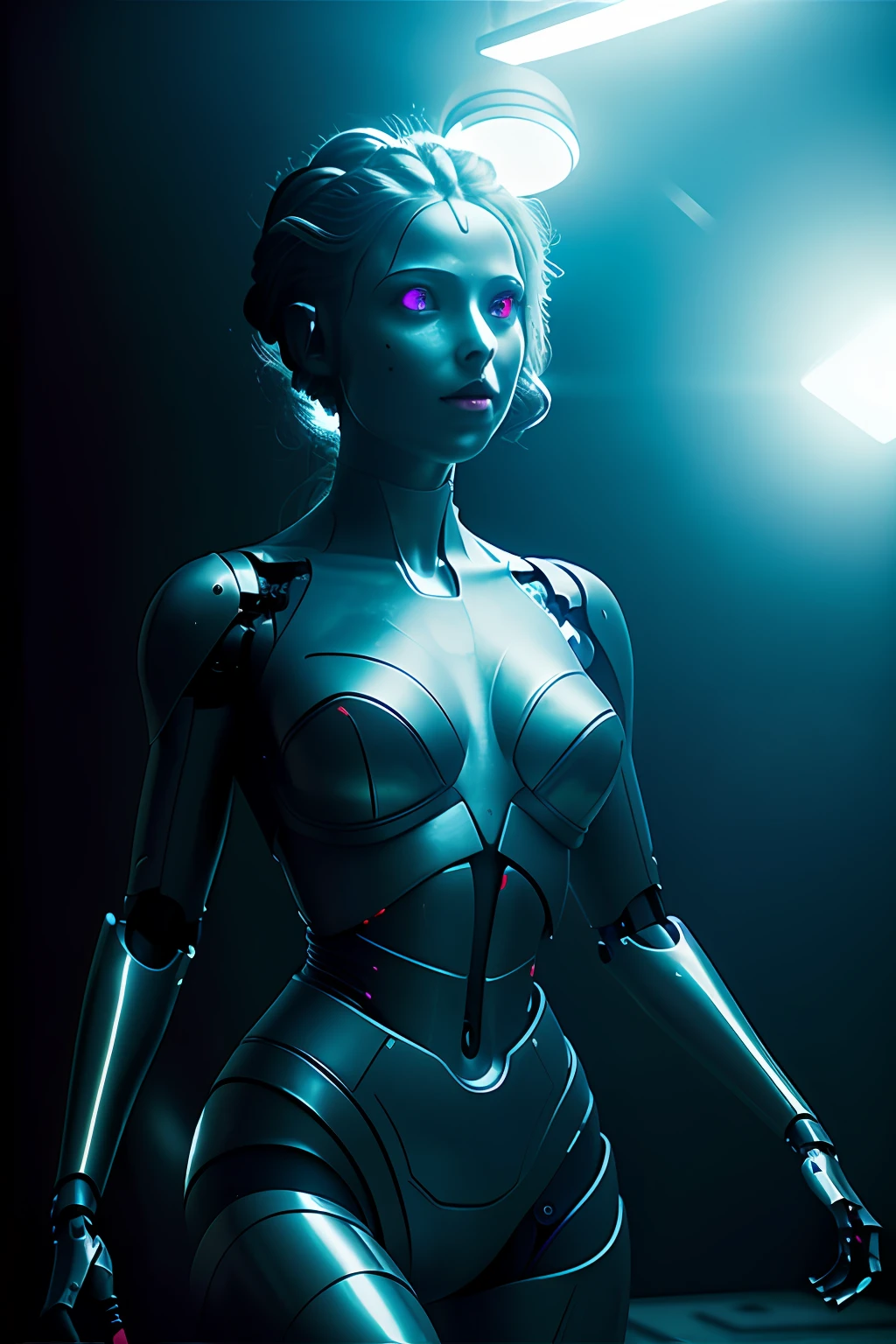 Dark background, hyper real photo of ((cute robot girl inside a dark room without dress)), in front of sci-fi laboratory, With wires on the head, sexy feminine body, ((detailed realistic face and eyes)), cybepunk, cinematic lighting, 8k resolution, (modelshoot style), neon, (from_below:1.4), soft small uncovered boobs, Cables instead of hair, natural breasts, rim light, (A photo from the centerfold of a men's magazine, the winner of the world photo award, a photo that causes sexual attraction in any man), photo awards winner