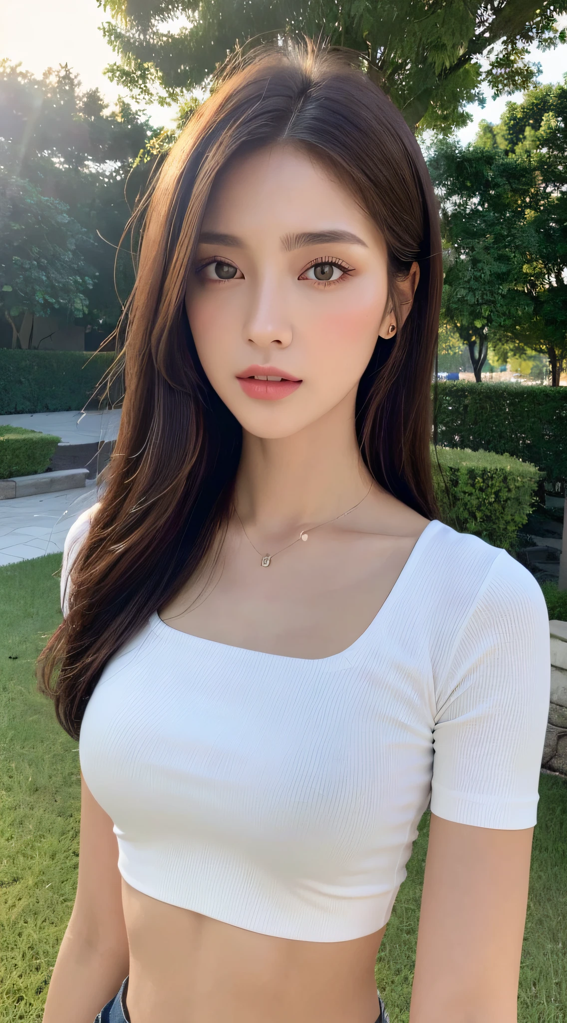 ((Realistic lighting, Best quality, 8K, Masterpiece: 1.3)), Clear focus: 1.2, 1girl, Perfect beauty: 1.4, Slim abs: 1.1, ((Dark brown hair)), (White crop top: 1.4), (Outdoor, Night: 1.1), Park view, Super fine face, Fine eyes, Double eyelids,
