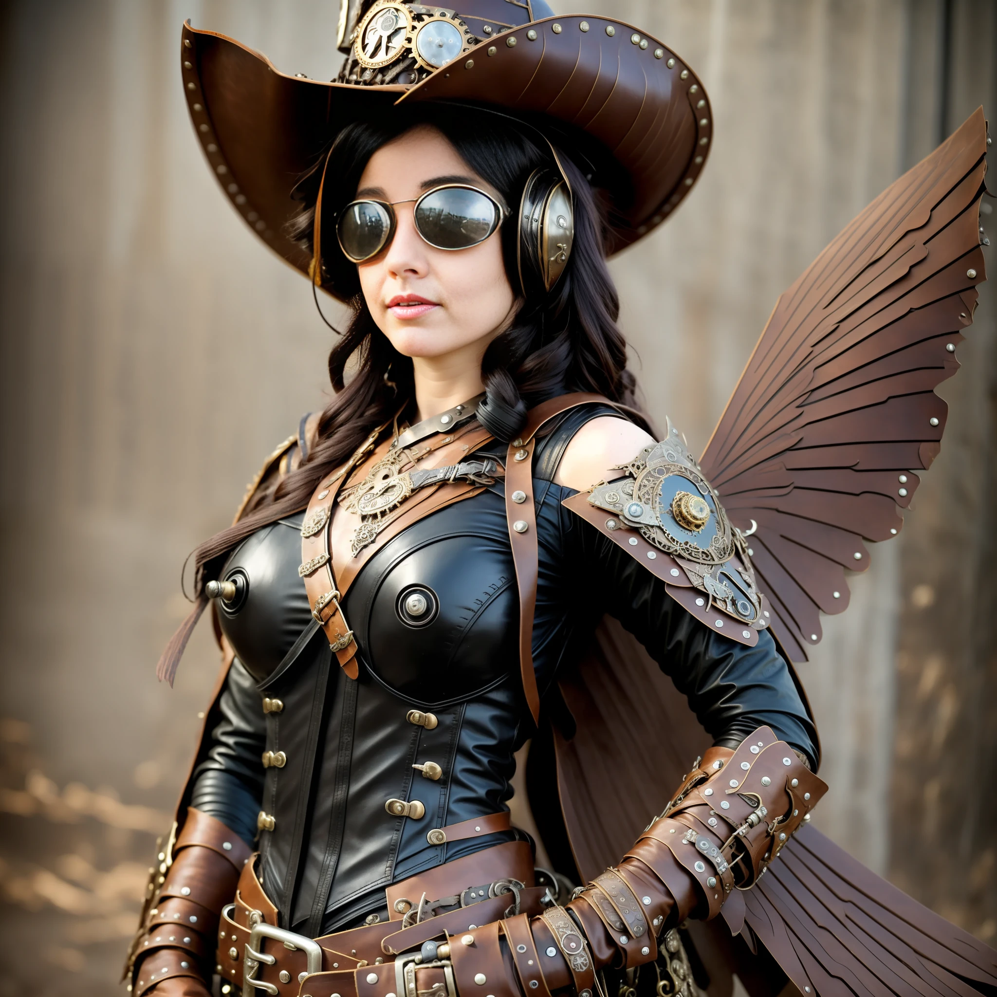 there is a woman in a cowboy hat and leather outfit, steampunk superhero, steampunk fantasy style, western steampunk cyborg, ornate cosplay, steampunk fantasy, steampunk warrior, as a mystical valkyrie, steampunk angel, fantasy leather clothing, a steampunk beautiful goddess, leather clothing and boots, young girl in steampunk clothes, post - apocalyptic cowgirl, sci-fi steampunk
