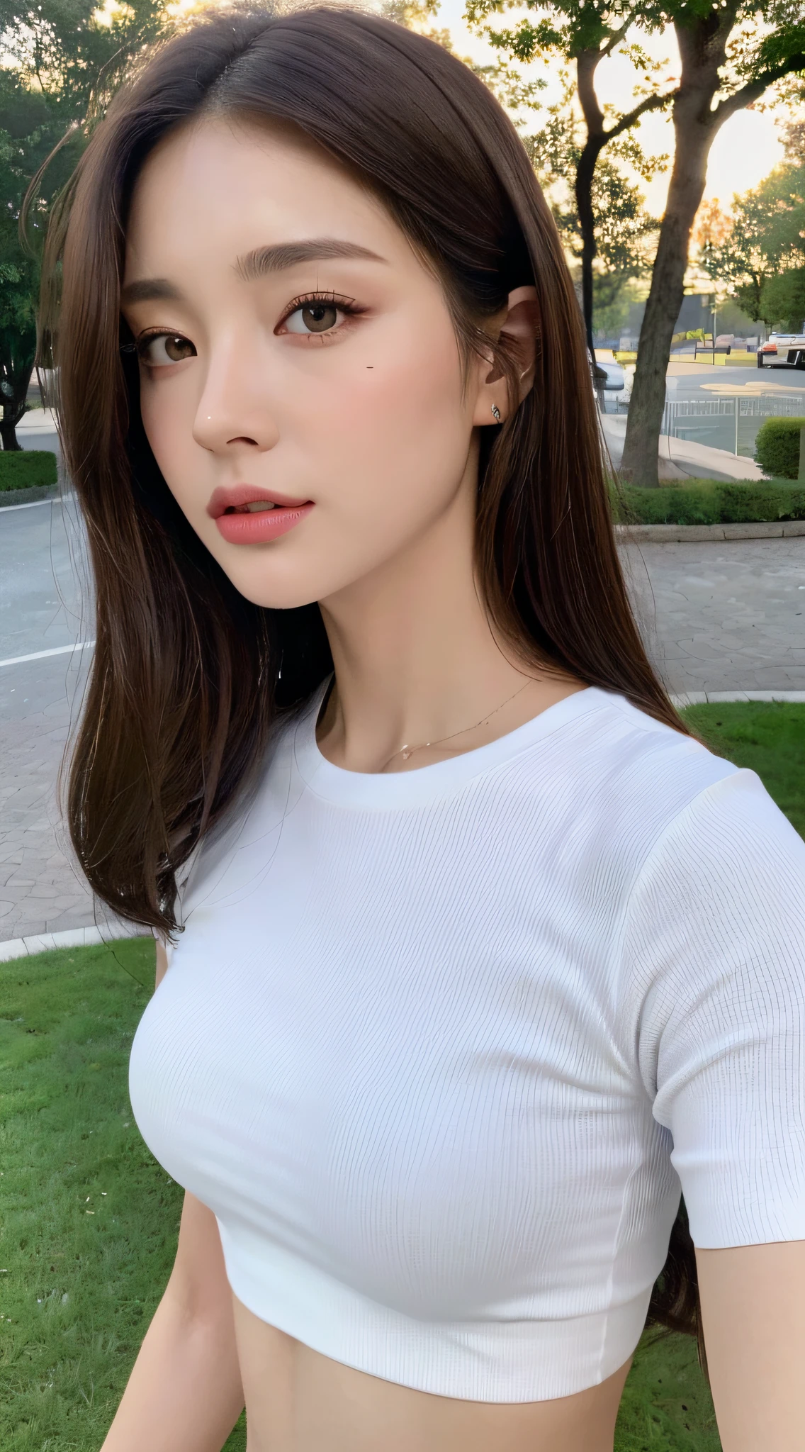((Realistic lighting, Best quality, 8K, Masterpiece: 1.3)), Clear focus: 1.2, 1girl, Perfect beauty: 1.4, Slim abs: 1.1, ((Dark brown hair)), (White crop top: 1.4), (Outdoor, Night: 1.1), Park view, Super fine face, Fine eyes, Double eyelids,