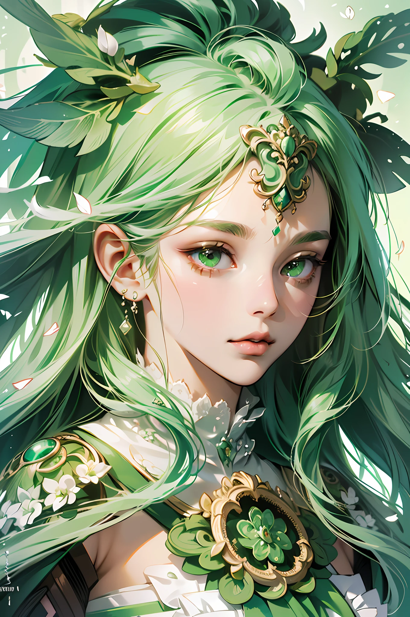 (Absurd, High Resolution, Ultra Detailed), 1girl, Solo, Very Detailed Eye, (Official Art, Beautiful and Aesthetic: 1.2), (Fractal Art: 1.3), White and Green Color Scheme, Most Detailed --auto --s2