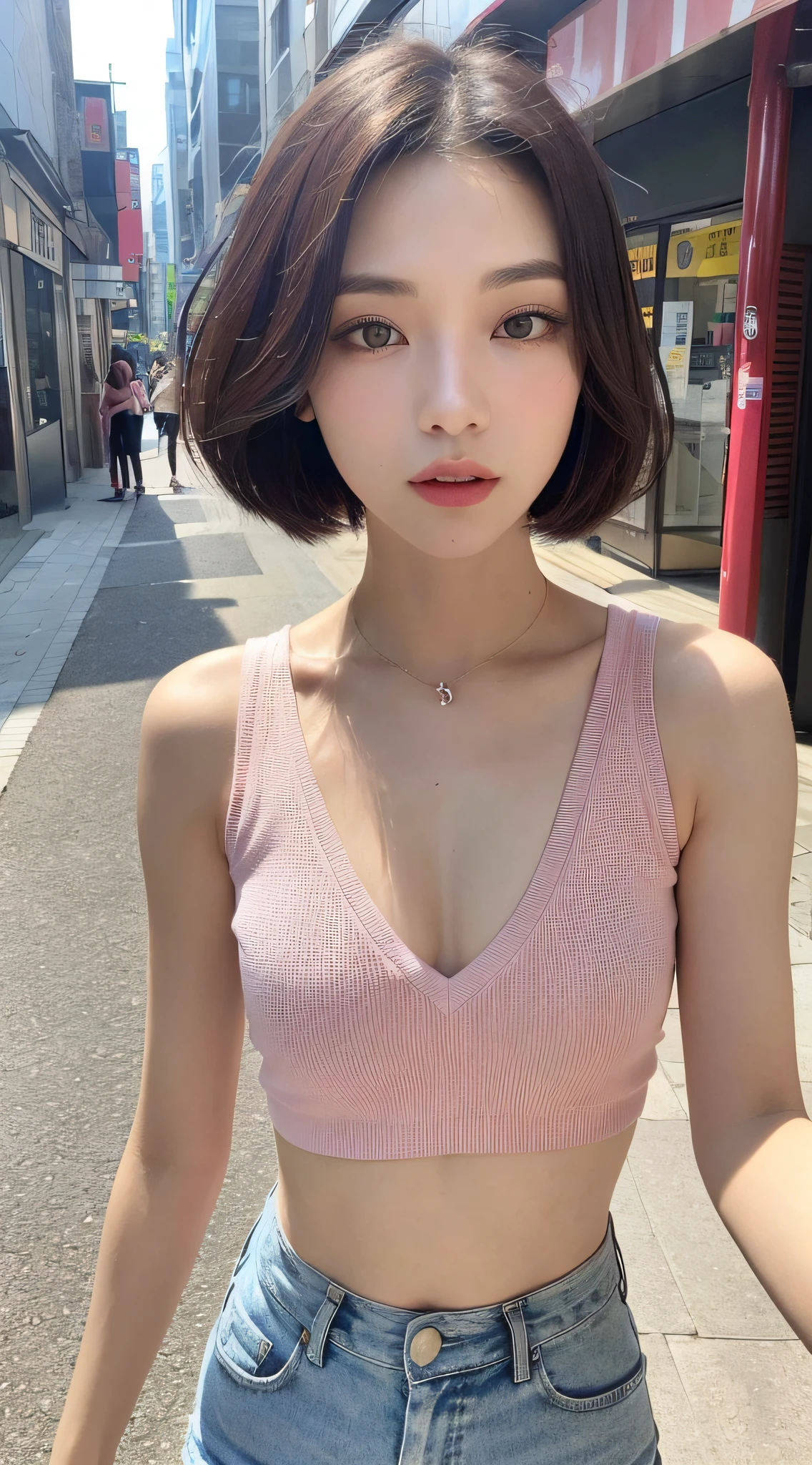 (Top Quality, 16k, Masterpiece: 1.3)), 1 Girl, Sharp Focus: 1.2, Beautiful Woman with Perfect Figure: 1.4, Slender Abs: 1.2, (((Short Bob Hair)), ((Small: 1.4)), ((Beautiful Face Idol: 1.3)), ((Pink Sleeveless 1.5)), Highly Detailed Face and Skin Texture, Detailed Eyes, Double Eyelids, (((Pause)), (Seductive)), Walking Street, modern urban building