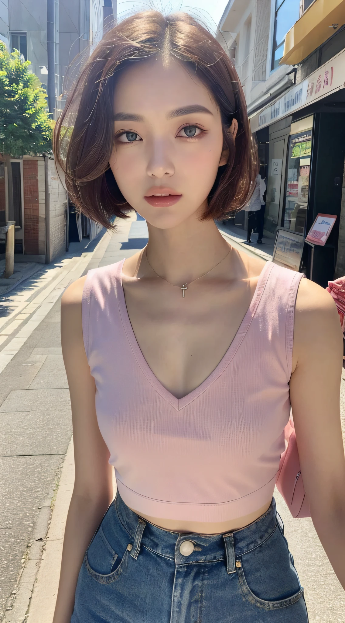 (Top Quality, 16k, Masterpiece: 1.3)), 1 Girl, Sharp Focus: 1.2, Beautiful Woman with Perfect Figure: 1.4, Slender Abs: 1.2, (((Short Bob Hair)), ((Small: 1.4)), ((Beautiful Face Idol: 1.3)), ((Pink Sleeveless 1.5)), Highly Detailed Face and Skin Texture, Detailed Eyes, Double Eyelids, (((Pause)), (Seductive)), Walking Street, modern urban building
