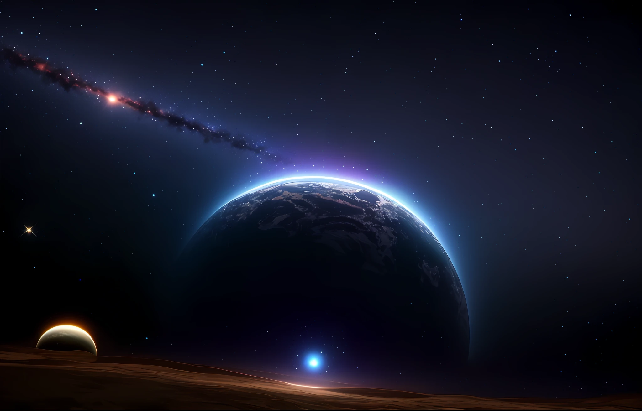 An independent and complete circle planet, complete star ring, tiny spaceship flying to the planet, a faint tail flame, several small planets in the distance, masterpiece, best quality, high quality, very detailed CG unity 8k wallpaper, depth of field, HDR, realism, very detailed, intricate, high detail, universe, space, galaxy, stars, planets, astronomy, universe, celestial body, nebula, solar system, cosmic rays, supernova, deep space, astronomical object