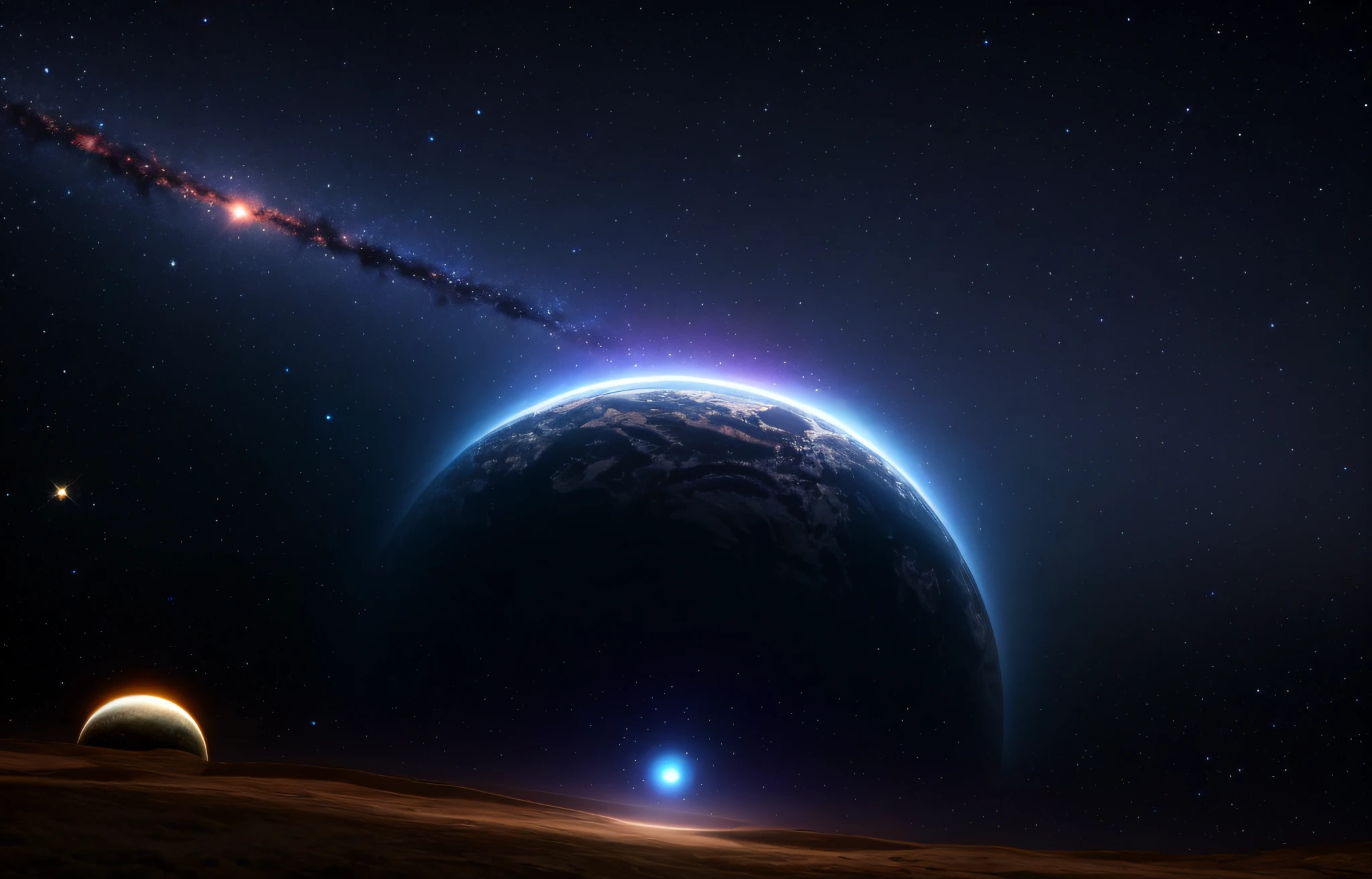 An independent and complete circle planet, complete star ring, tiny spaceship flying to the planet, a faint tail flame, several small planets in the distance, masterpiece, best quality, high quality, very detailed CG unity 8k wallpaper, depth of field, HDR, realism, very detailed, intricate, high detail, universe, space, galaxy, stars, planets, astronomy, universe, celestial body, nebula, solar system, cosmic rays, supernova, deep space, astronomical object