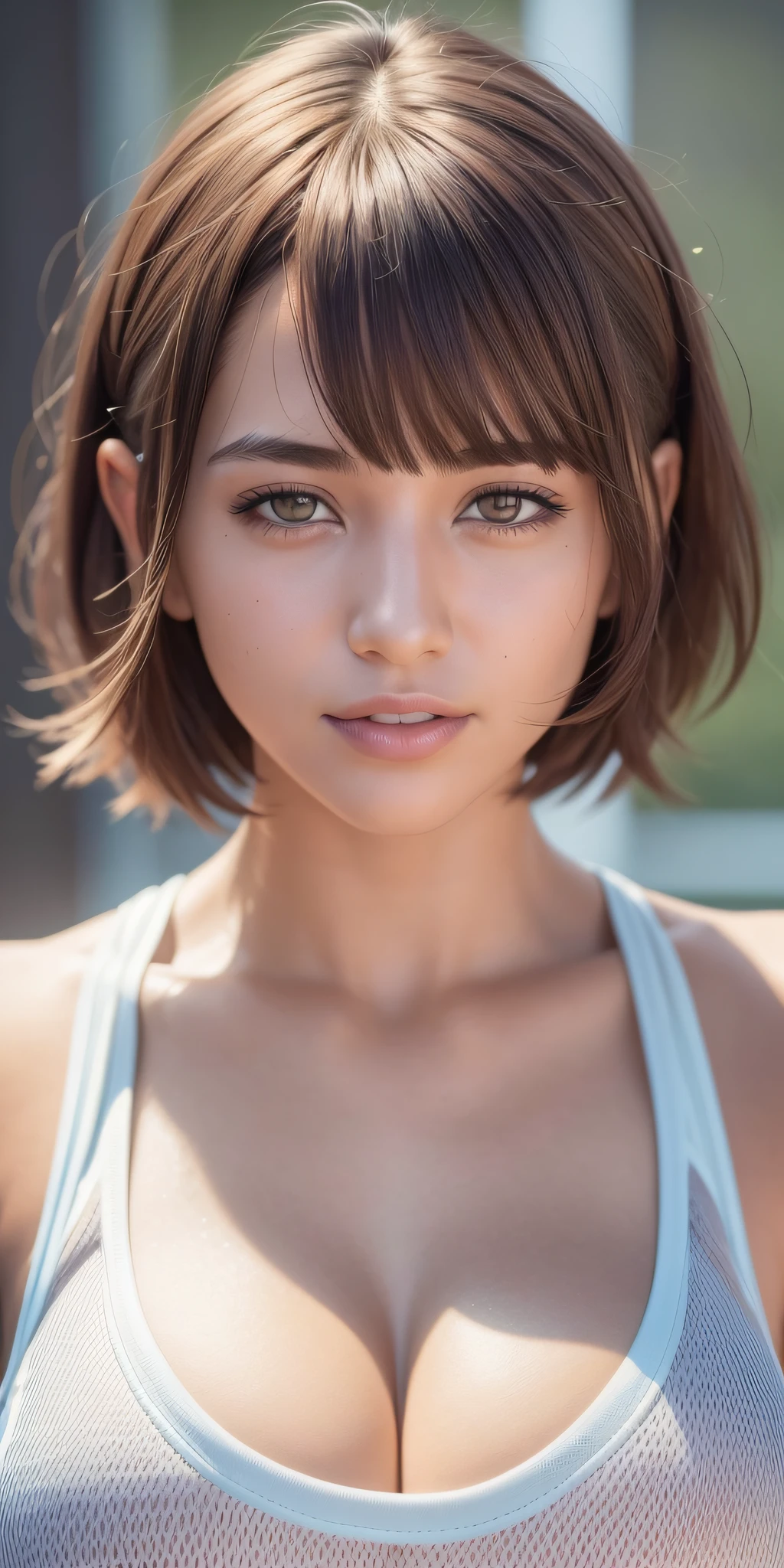 zydG, 1girl, detailed skin, looking at viewer, brown eyes, (short hair with bangs:1.2), (large breasts:1.0), (large areolae:0.8), parted lips, teeth, smile, (face focus:1.4), close shot, 
(photorealistic:1.4), (best quality:1.0), (ultra highres:1.0), 8k, RAW photo, (masterpiece:0.2), (sportswear:1.5), portrait, 
(pureerosface_v1:0.5)