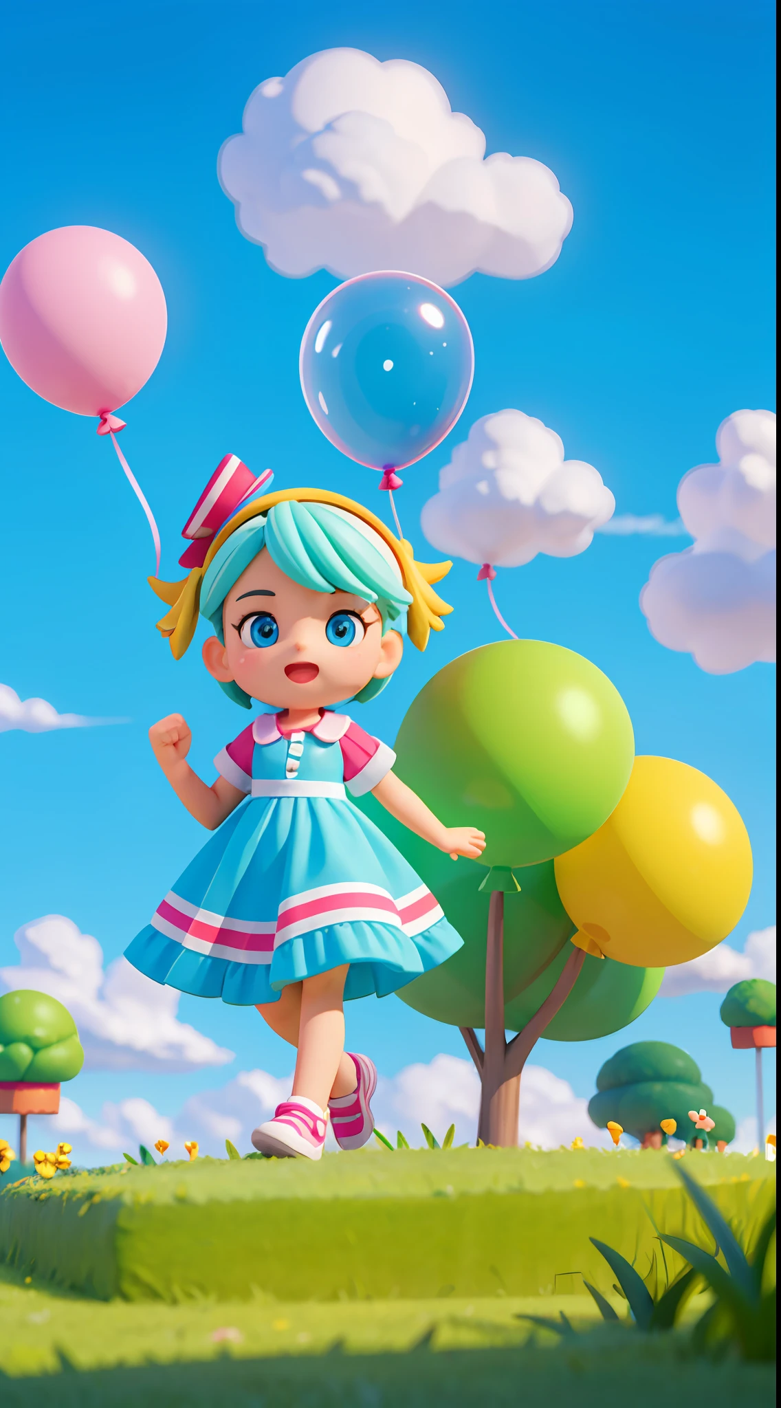 A lovely girl ran on the grass, There are balloons around, wearing fashionable clothes, colorful, Blue sky and white clouds, natural scenery, surrounded by lots of grasslands, Amusement park background, dream, excitement, super cute boy IP by pop mart, bright colors, model blind box toys, Disney style, fine gloss, oc rendering, pastel colors, cinematic textures, medium close-up, high detail, 3D rendering, high quality, best quality, 8K