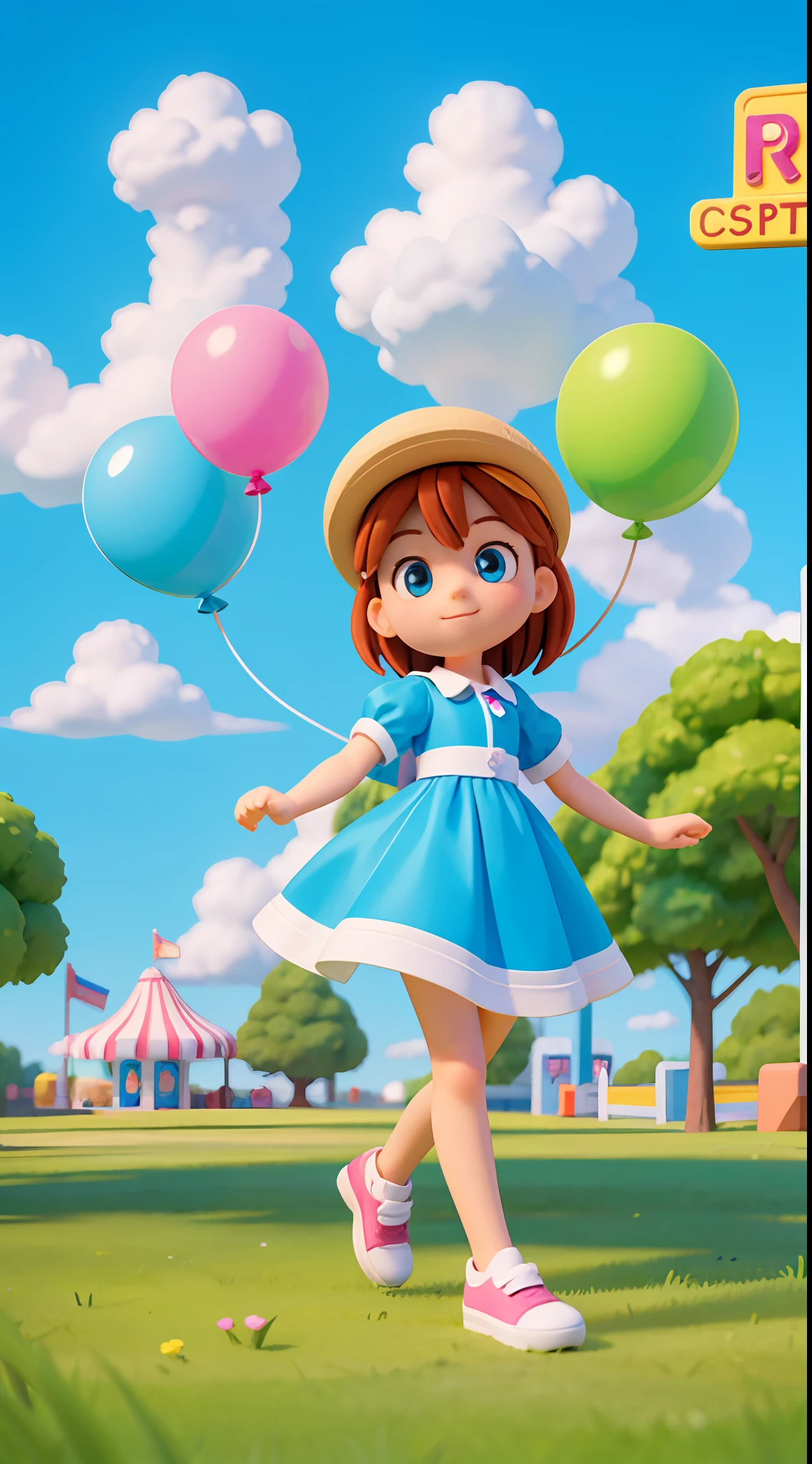 A lovely girl ran on the grass, There are balloons around, wearing fashionable clothes, colorful, Blue sky and white clouds, natural scenery, surrounded by lots of grasslands, Amusement park background, dream, excitement, super cute boy IP by pop mart, bright colors, model blind box toys, Disney style, fine gloss, oc rendering, pastel colors, cinematic textures, medium close-up, high detail, 3D rendering, high quality, best quality, 8K