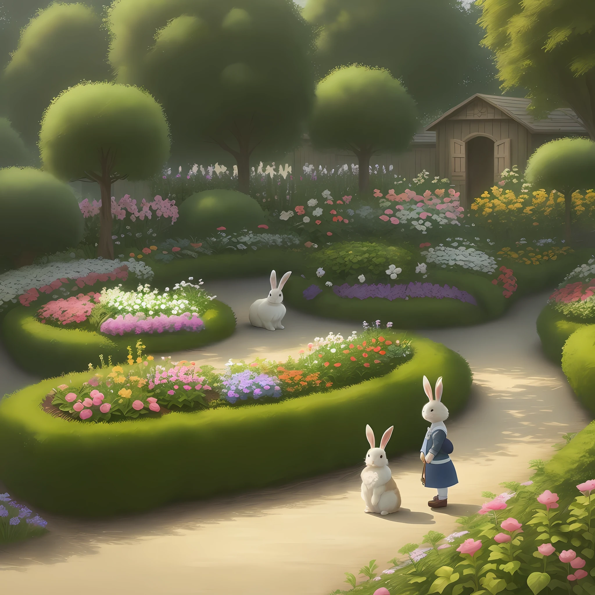 Cute bunny, and yours. Happy rabbit family, and their garden, realistic enchanted world, anime ART