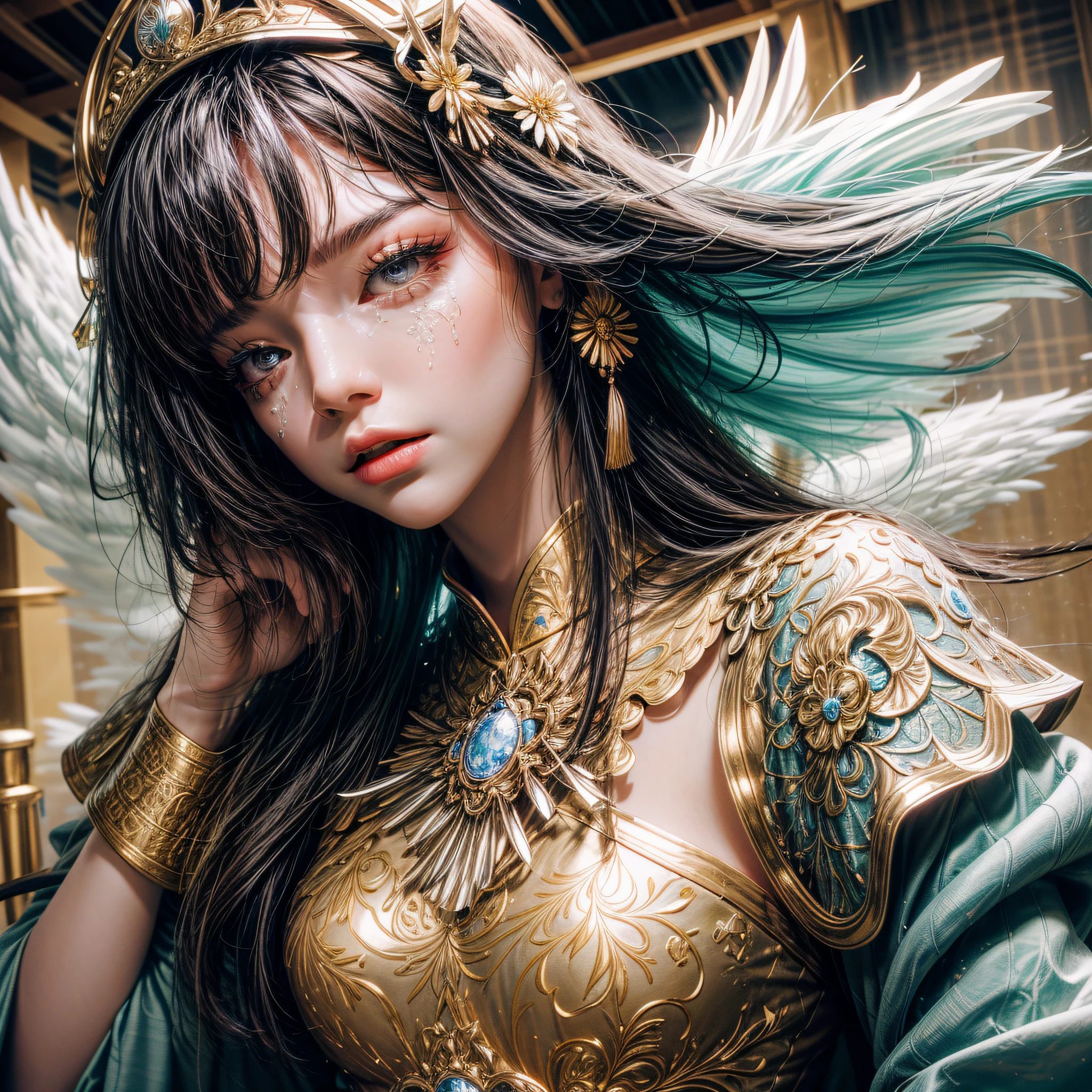 Best Picture Quality, Masterpiece Level, Ultra High Resolution, Realism, Fantasy Theme, Head Close-Up, A Girl, Single, Scatter, Chinese Architecture, Indoor, First-Person Perspective, Phoenix Headdress, Floral Dress, Get Detailed Interior Lighting and Cinematic Lighting, Increase Detailed Overall Ambient Light, Face and Eye Detail, Improve Face Detail Realism, Clear Sharp Focus, Sobbing, Mouth Biting, Frowning, Bright Eyes, Simple Background, Sony Master Lens.