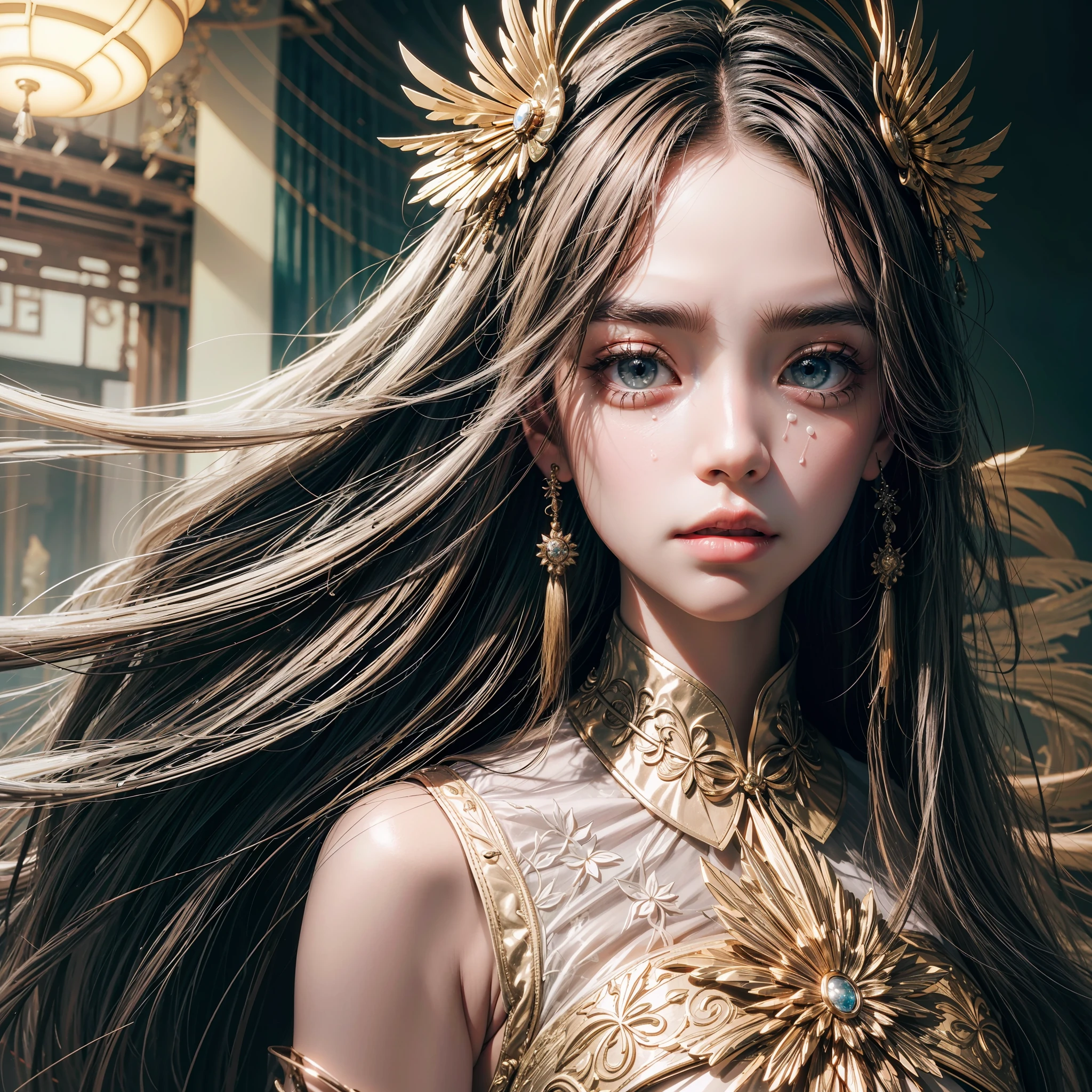 Best Picture Quality, Masterpiece Level, Ultra High Resolution, Realism, Fantasy Theme, Head Close-Up, A Girl, Single, Scatter, Chinese Architecture, Indoor, First-Person Perspective, Phoenix Headdress, Floral Dress, Get Detailed Interior Lighting and Cinematic Lighting, Increase Detailed Overall Ambient Light, Face and Eye Detail, Improve Face Detail Realism, Clear Sharp Focus, Sobbing, Mouth Biting, Frowning, Bright Eyes, Simple Background, Sony Master Lens.