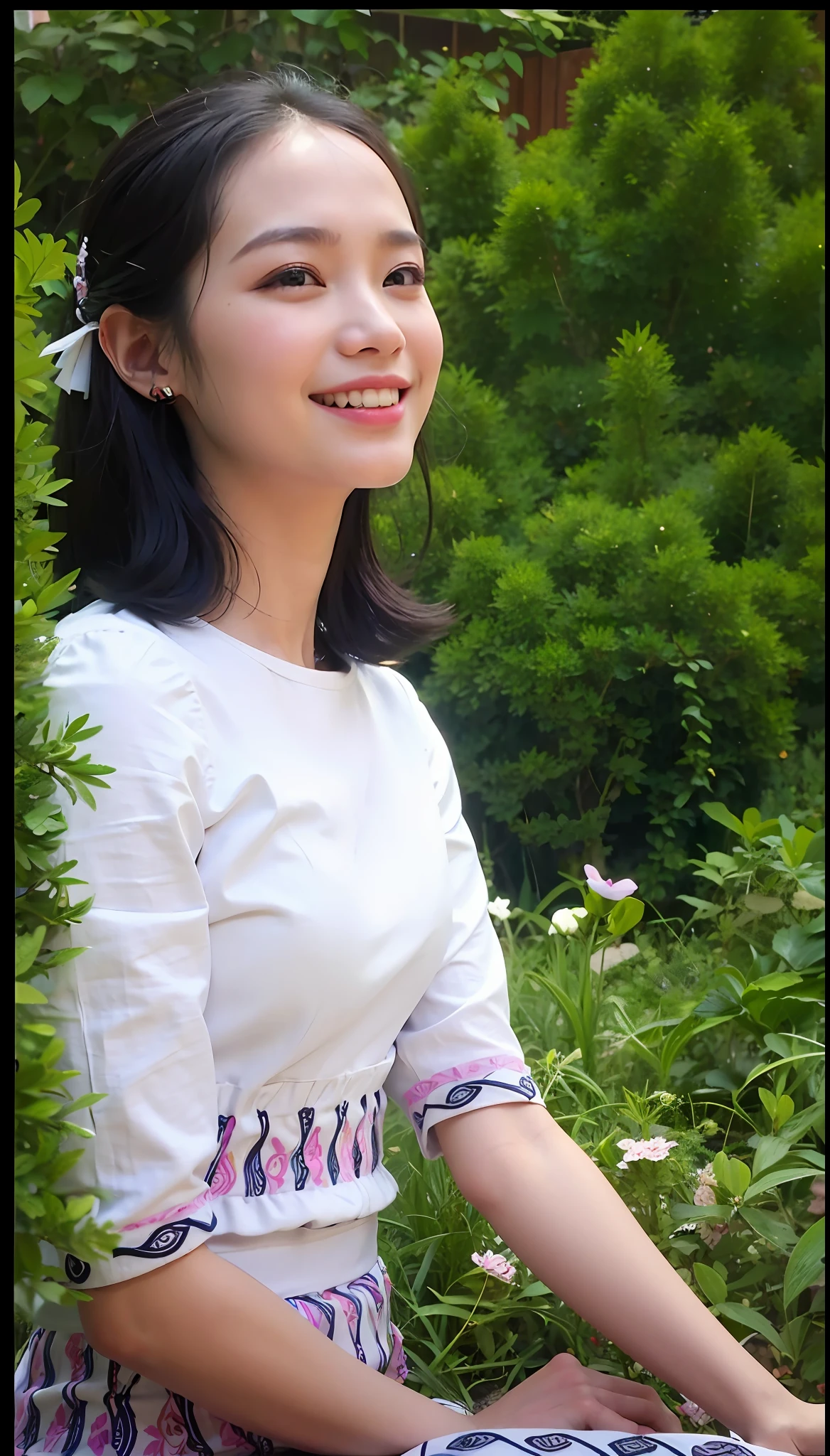 there is a woman sitting on the ground with a laptop, in style of lam manh, with a beautifull smile, nivanh chanthara, lovely smile, mai anh tran, profile picture 1024px, in style of thawan duchanee, in garden, wearing a white folkdrakt dress, traditional art, ao dai