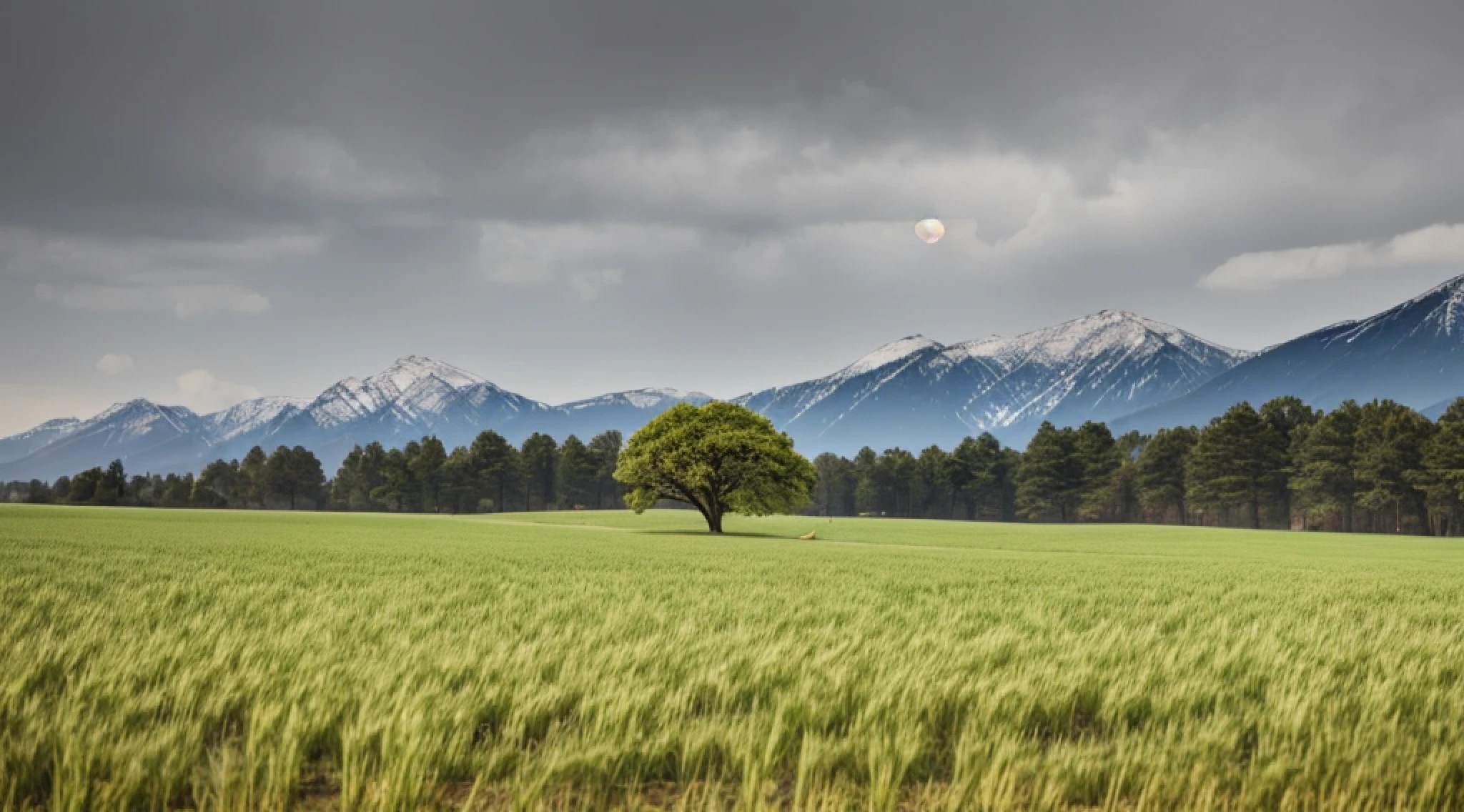 Green wheat, graded peaks, gray weather, a large tree in the lower left corner, swinging with the wind, hanging from the tree --auto --s2