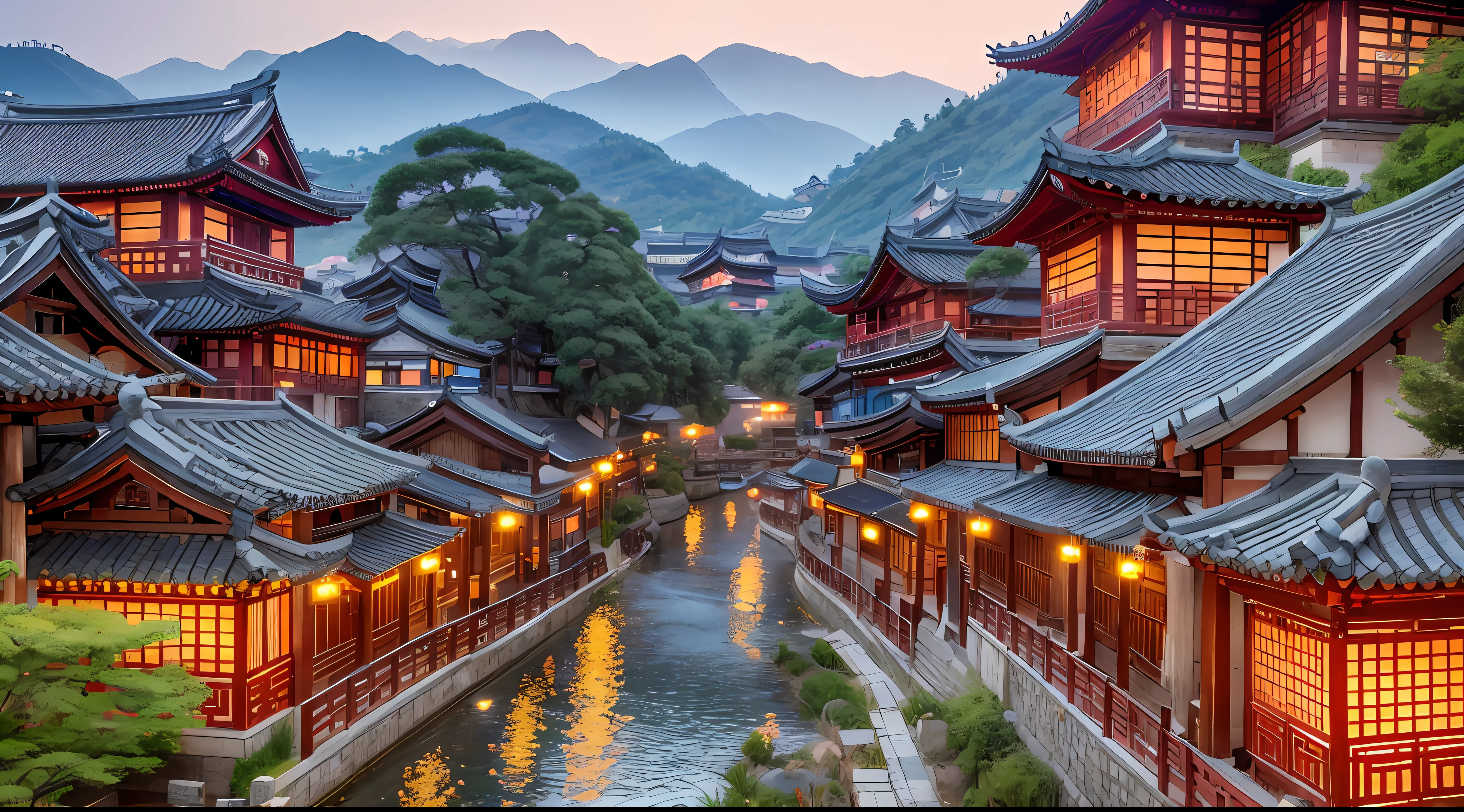 arafed view of a chinese village at night with a lot of lights, dreamy chinese town, ancient chinese architecture, cyberpunk chinese ancient castle, chinese architecture, japanese town, japanese city, chinese village, beautiful render of tang dynasty, japanese city at night, ancient japanese architecture, like jiufen, andreas rocha style, chinese style, japanese village --auto --s2