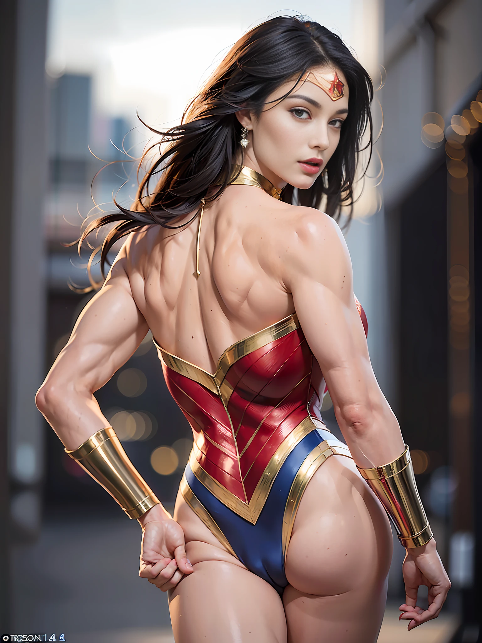 1 girl, single, solo, whole body, from behind, back view, wonder woman, (delicate details, makeup), (delicate and beautiful delicate face, delicate and beautiful delicate eyes, face with perfect proportions), (delicate and radiant skin: 1.2), delicate skin, strong and realistic blue eyes, realistic black hair, lips, makeup, natural skin texture, tiara, jewelry, star \(symbol\), leotard, bulletproof gauntlet, red knee-high boots, golden belt, (public attire:  1.5), bare shoulders, slightly sunburned, mature, sexy, elastic muscles, (muscles: 1.2), ((strong and healthy body)), ((more) muscles))), long legs, curves, (big breasts: 1.3), thin waist, soft waist, (delicate skin), (beautiful and sexy women), (swollen lips: 0.9), (eyelashes: 1.2), (skin hollows), very delicate muscle definition, breasts, perfect body, muscular, detailed face, realistic skin details, (visible pores:0.8),  Clear focus, realistic face, realistic skin, detailed eyes, detailed facial features, (((no panties))), unclear and detailed clothes, (delicate illustration: 1.4), (masterpiece: 1.0), (highest quality: 1.4), (ultra-high resolution: 1.2), (photorealistic : 1.4), (8k, RAW photo: 1.2), (soft focus: 1.4), (18yo: 1.3), (sharp focus: 1.4), detailed beautiful face,