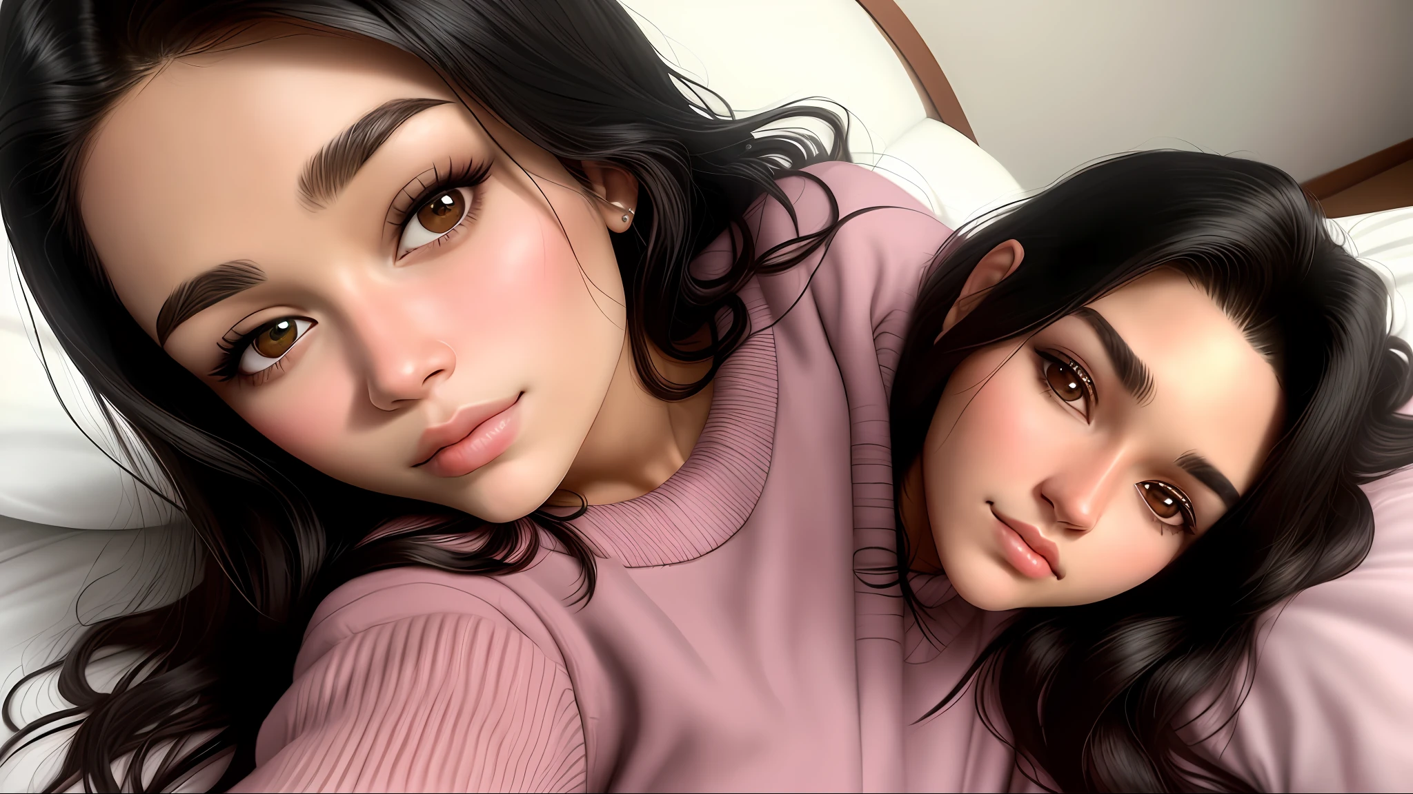 Closeup selfie of human Brazilian brunette woman resembling Fabiula Nascimento, Thessa Thompson and Alanis Guillen with black hair and black eye, lying in bed like the sleeping beauty wearing a beautiful and realistic modest pink sweater and looking at the camera, ultra-realistic, photo realistic