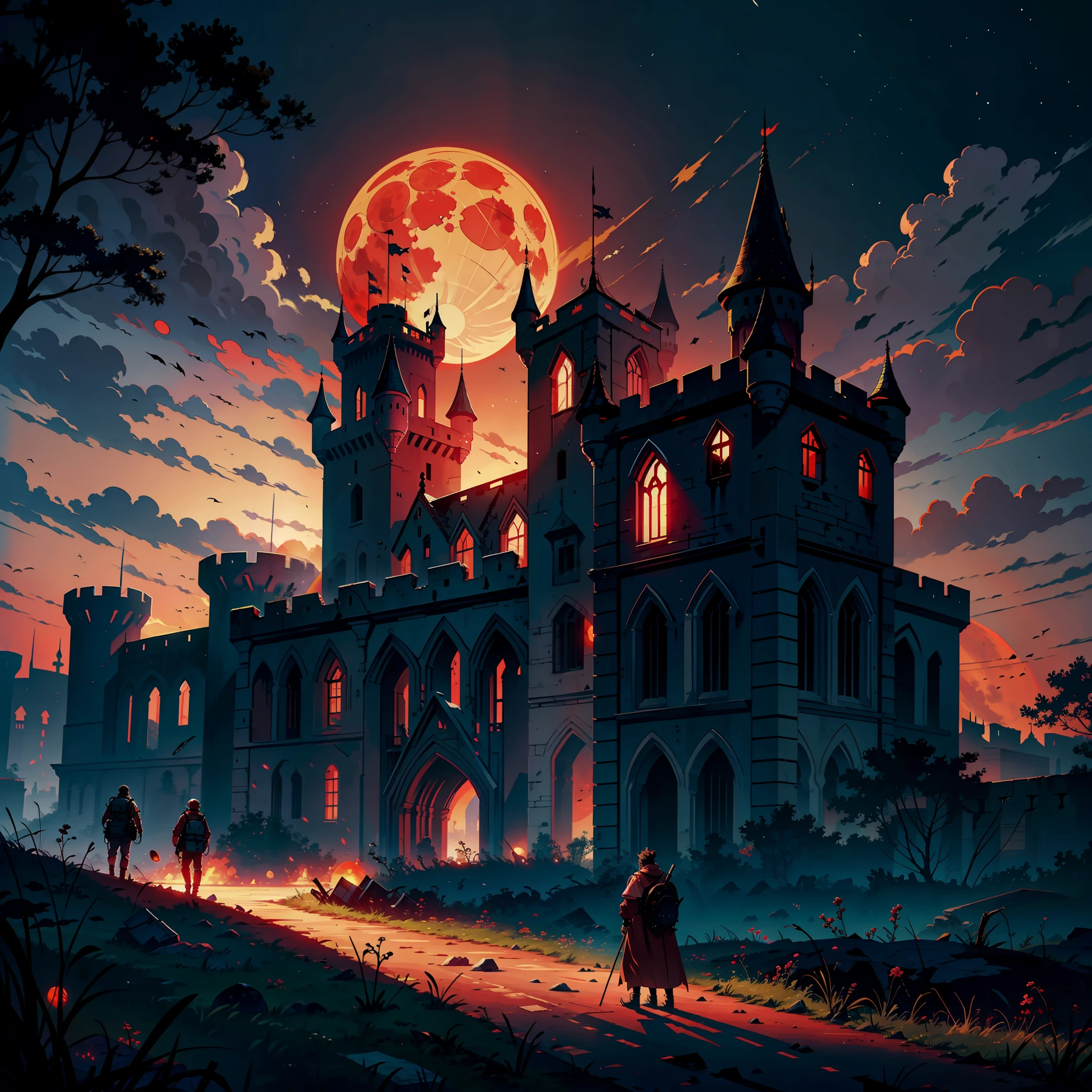 On the outskirts, deserted, with a red moon in the sky, huge castles and fortresses, disaster struck