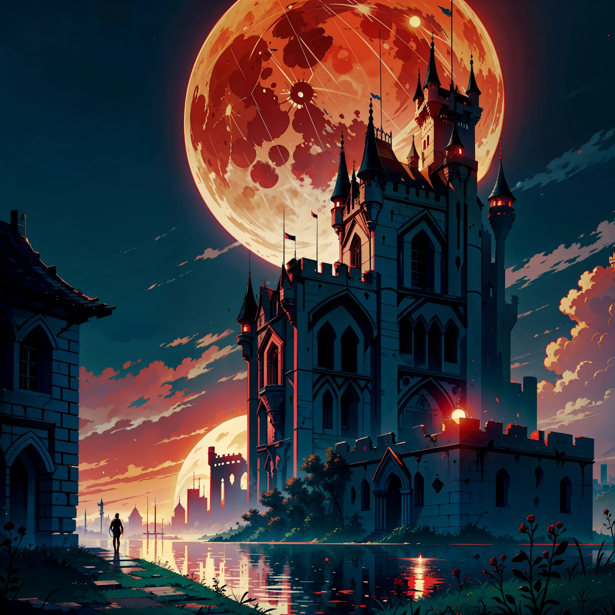 On the outskirts, deserted, with a red moon in the sky, huge castles and fortresses, disaster struck