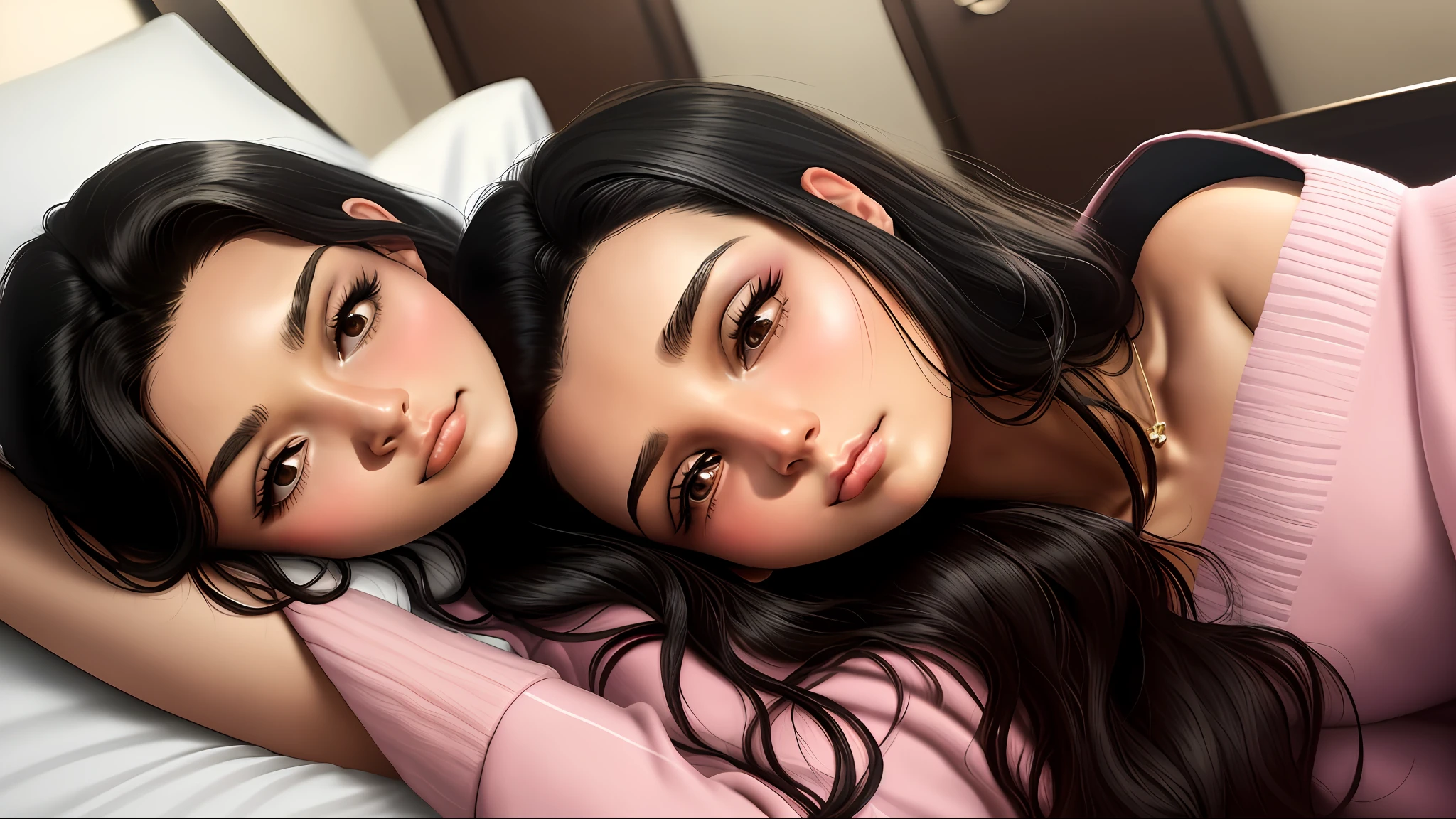 Closeup selfie of human Brazilian brunette woman resembling Fabiula Nascimento, Thessa Thompson and Alanis Guillen with black hair and black eye, lying in bed like the sleeping beauty wearing a beautiful and realistic modest pink sweater and looking at the camera, ultra-realistic, photo realistic