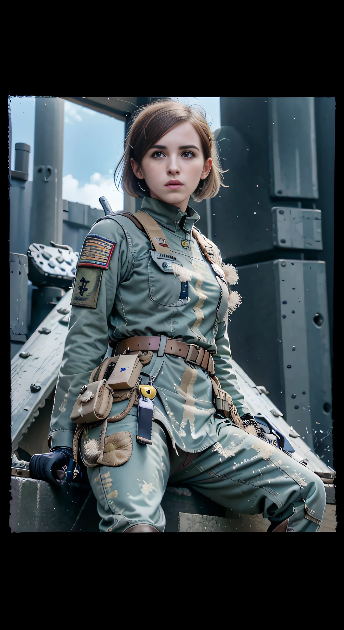 freckles on face, Alafis sitting on bench in military uniform, mechanized soldier girl, quiet solid from metal gear, soldier girl, wearing military uniform, infantry girl, emma watson Vietnam gate gunner, dieselpunk soldier girl, military uniform, soldier costume, quiet from metal gear solid v, military girl, solo female character, military women's clothing, from metal gear