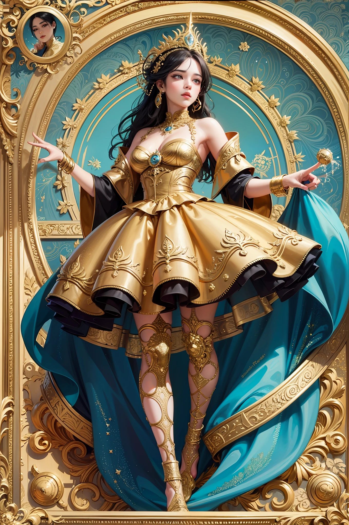 (masterpiece, top quality, best quality, official art, beautiful and aesthetic:1.2), (1girl), blue gold extreme detailed,colorful,highest detailed, official art, unity 8k wallpaper, ultra detailed, beautiful and aesthetic, photo framed inside a golden ornament, beautiful, masterpiece, best quality, (zentangle, mandala, tangle, entangle) ,holy light,gold foil,gold leaf art,glitter drawing