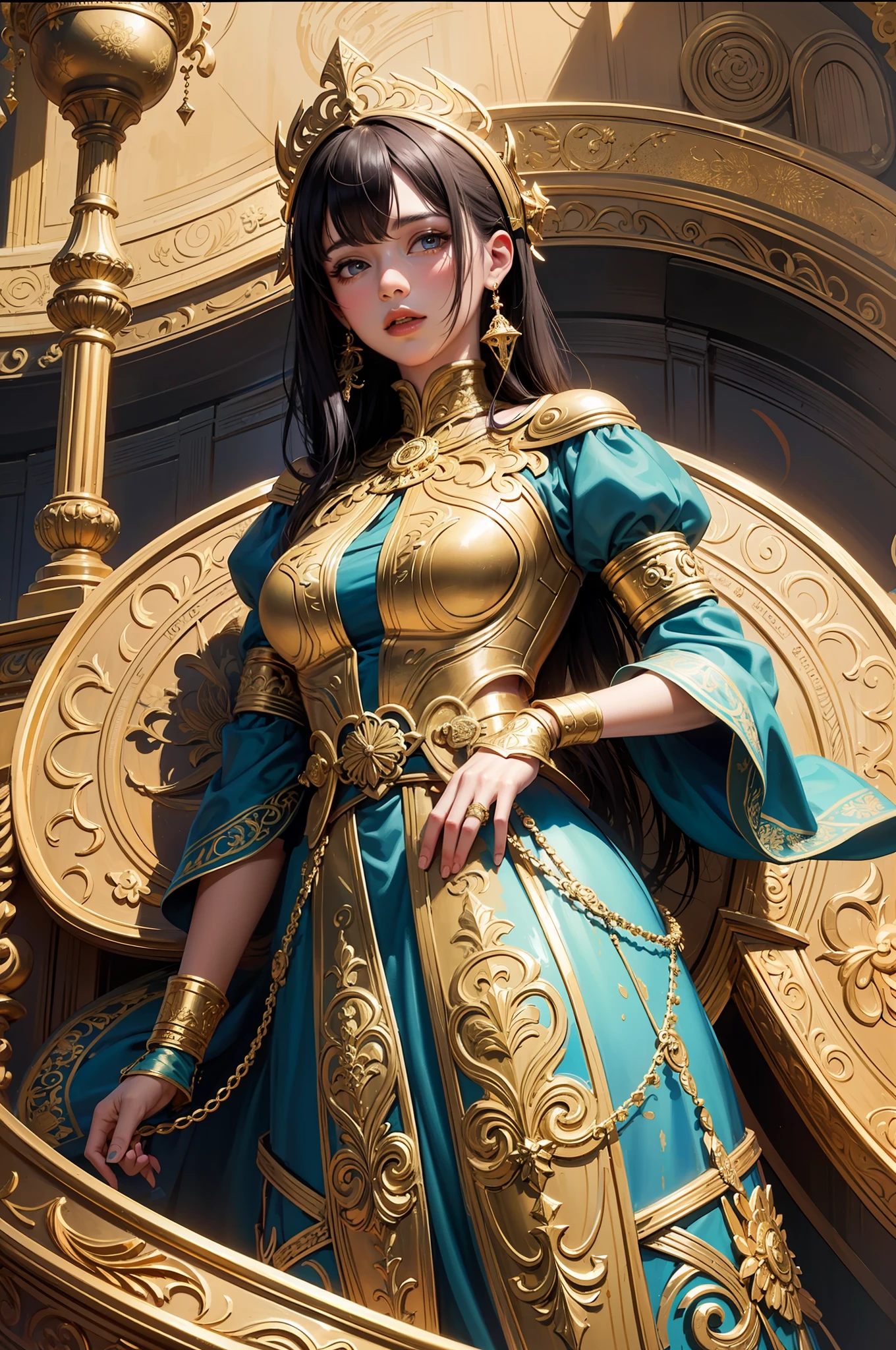 (masterpiece, top quality, best quality, official art, beautiful and aesthetic:1.2), (1girl), blue gold extreme detailed,colorful,highest detailed, official art, unity 8k wallpaper, ultra detailed, beautiful and aesthetic, photo framed inside a golden ornament, beautiful, masterpiece, best quality, (zentangle, mandala, tangle, entangle) ,holy light,gold foil,gold leaf art,glitter drawing
