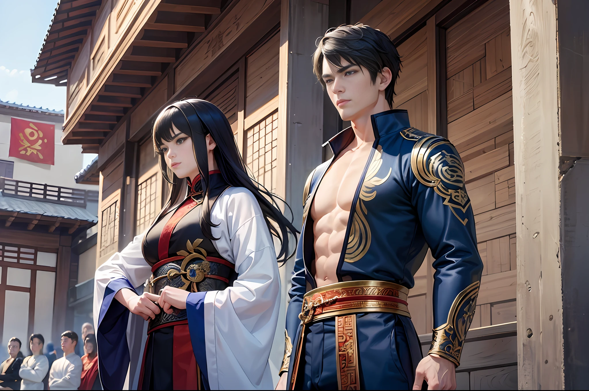 (Masterpiece, top quality, best quality, official art, beauty and aesthetics: 1.2) Outdoor, oversized, martial arts arena, gathering a lot of people, looking ahead at two -yeld bo no conversation. Short black hair, closed mouth, serious, two boys standing side by side under the stage. One in blue clothes, one in purple, handsome, Chinese martial arts, Chinese fantasy, 8k, rich in details, artistic realistic, ultra-high-definition.