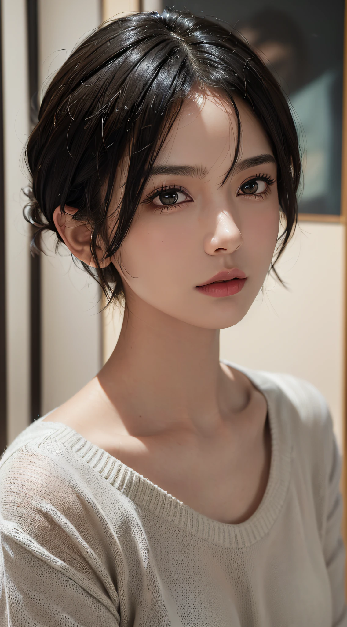 (masterpiece:1.3), (8k, photorealistic, RAW photo, best quality: 1.4), (1girl), beautiful face, (realistic face), (black hair, short hair:1.3), beautiful hairstyle, realistic eyes, beautiful detailed eyes, (realistic skin), beautiful skin, (sweater), absurdres, attractive, ultra high res, ultra realistic, highly detailed, golden ratio