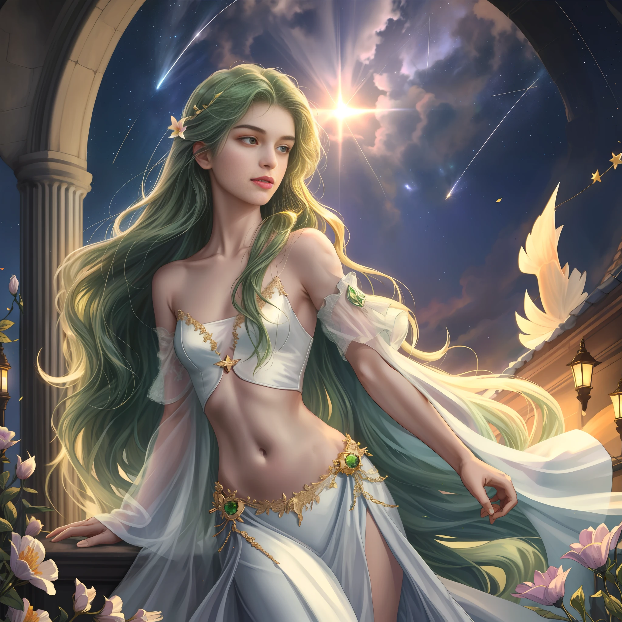 Full-body image, 8K, A masterpiece, the most detailed, the highest quality, the perfect look. Too much realistic oil,create fit, man, slim waist shape, slim body, small, hip-length wavy hair, green hair, open shoulder, collarbone, navel show flat belly, heaven, stars, sunlight, moonlight, moon, firefly, wilted petals, shooting star, clouds,