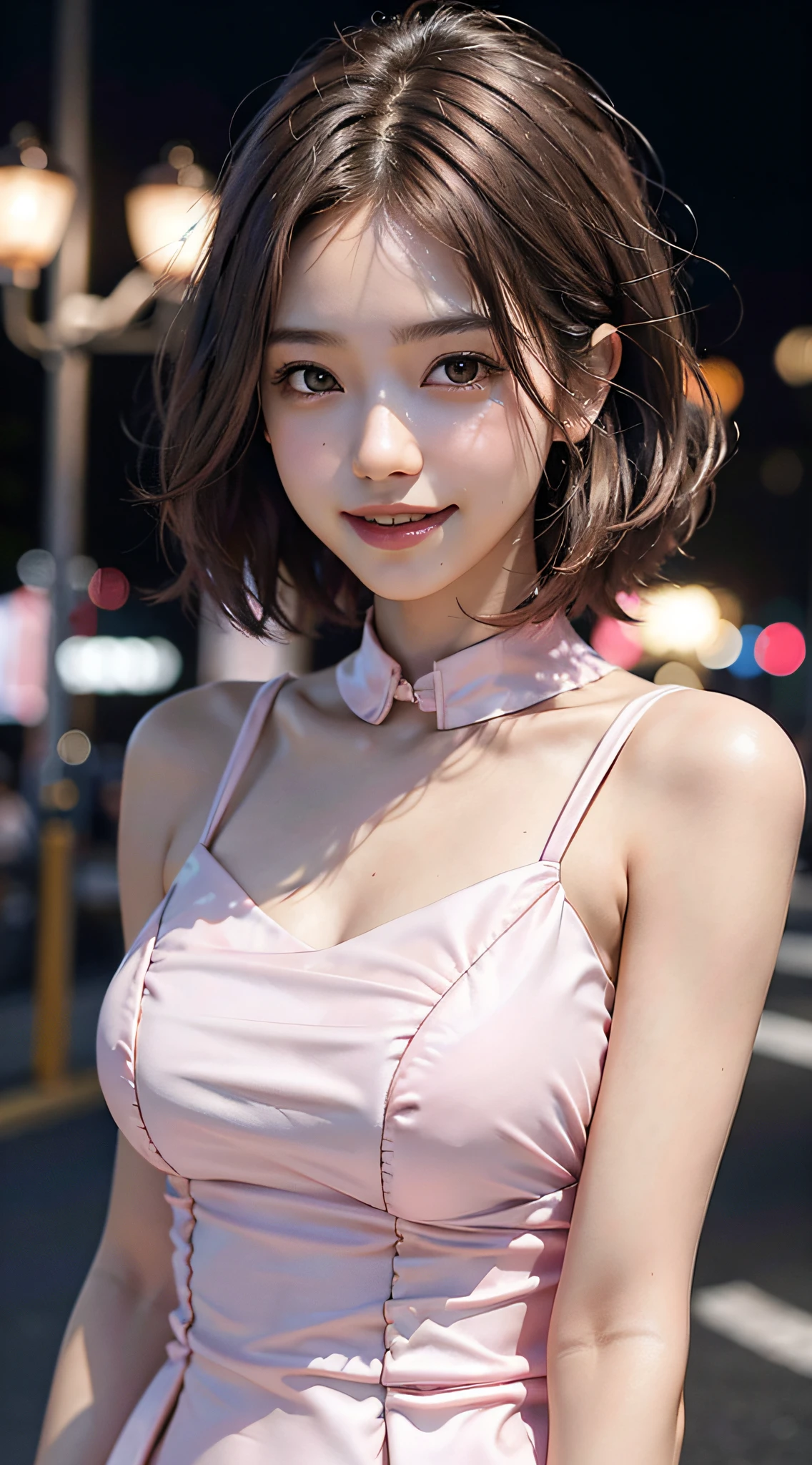 ((((short hair)))), ((((brown hair)))), best quality, 8K, HDR, highres, absurdres:1.2, blurry background, bokeh:1.2, Photography, (RAW photo:1.2), (photorealistic:1.4), (masterpiece:1.3), (intricate details:1.2), 1girl, solo, japanese girl, delicate, beautiful detailed, (detailed eyes), (detailed facial features), petite, beautiful and clear eyes, detail eye pupil, (((large breasts))), skin tight, (looking_at_viewer), from_front, (skinny), (best quality:1.4), (ultra highres:1.2), cinema light, (extreme detailed illustration), (lipgloss, best quality, ultra highres, depth of field, caustics, Broad lighting, natural shading, 85mm, f/1.4, ISO 200, 1/160s:0.75),1girl, solo, ((smile)), (((slim body))), (ulzzang-6500-v1.1:0.5), upper body, ((((pink formal dress:1.2)))), standing,(pureerosface_v1:0.5), Tokyo street,night, cityscape,city lights, close up,