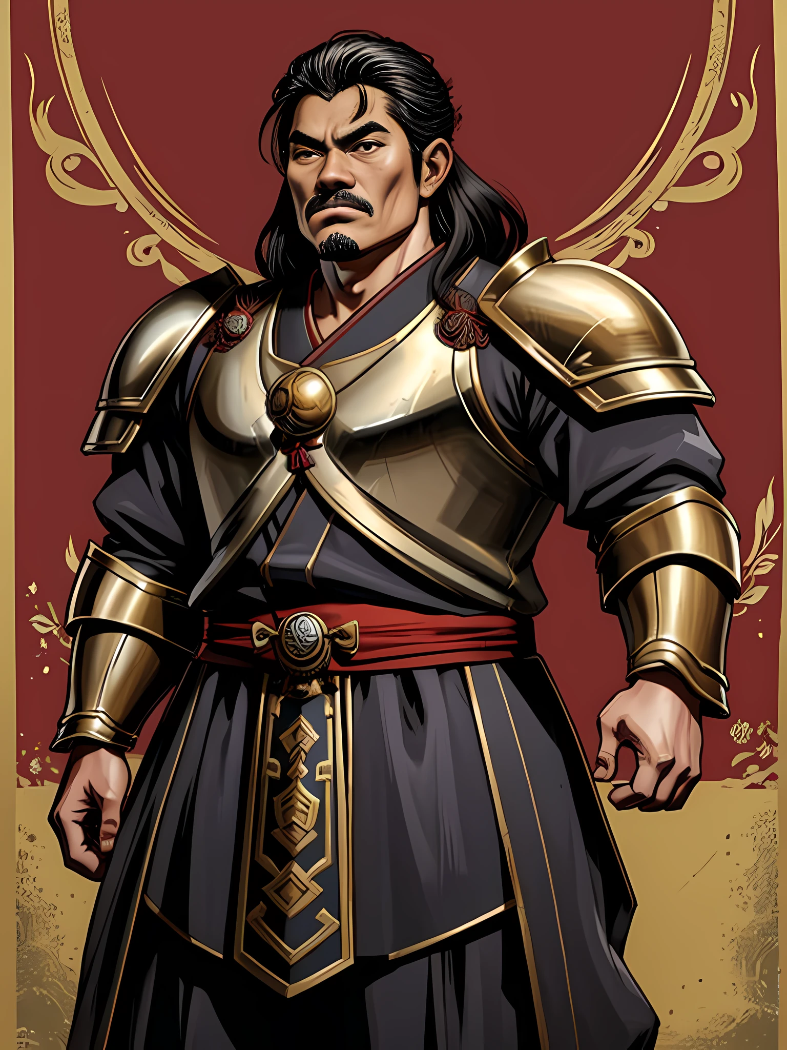 (best quality), detailed background, oriental warrior,man,combat arts,Masterpiece, best quality, 1 man, ((dwarf)), young man, samurai, black hair, best hair, japanese hair style, handsome, masculine, great golden and silver armor, heroic, japanese banner, look at viewers, shapely body,emperor,expensive beautiful clothes