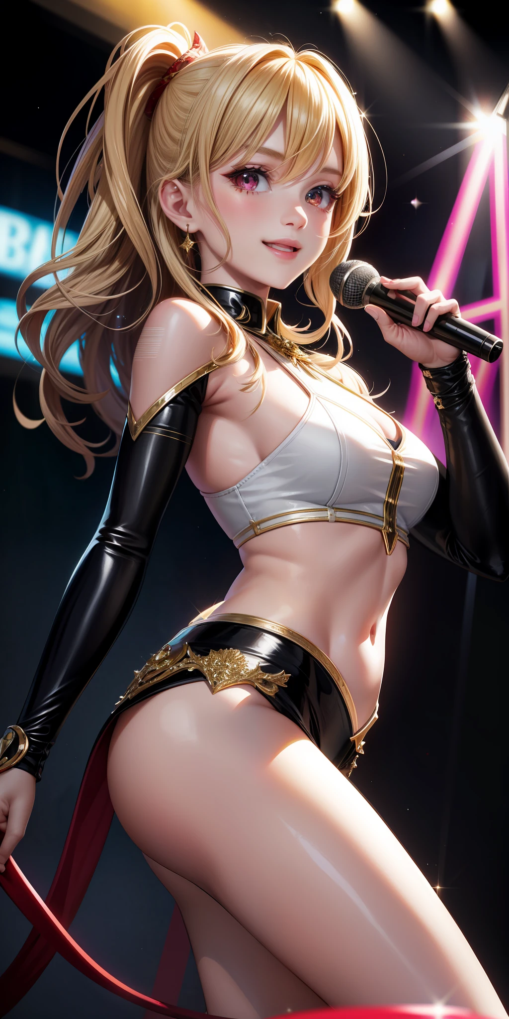 realistic, girl single, blonde, red eyes, sparkly eyes, sidetail, idol, singing, waving, smiling