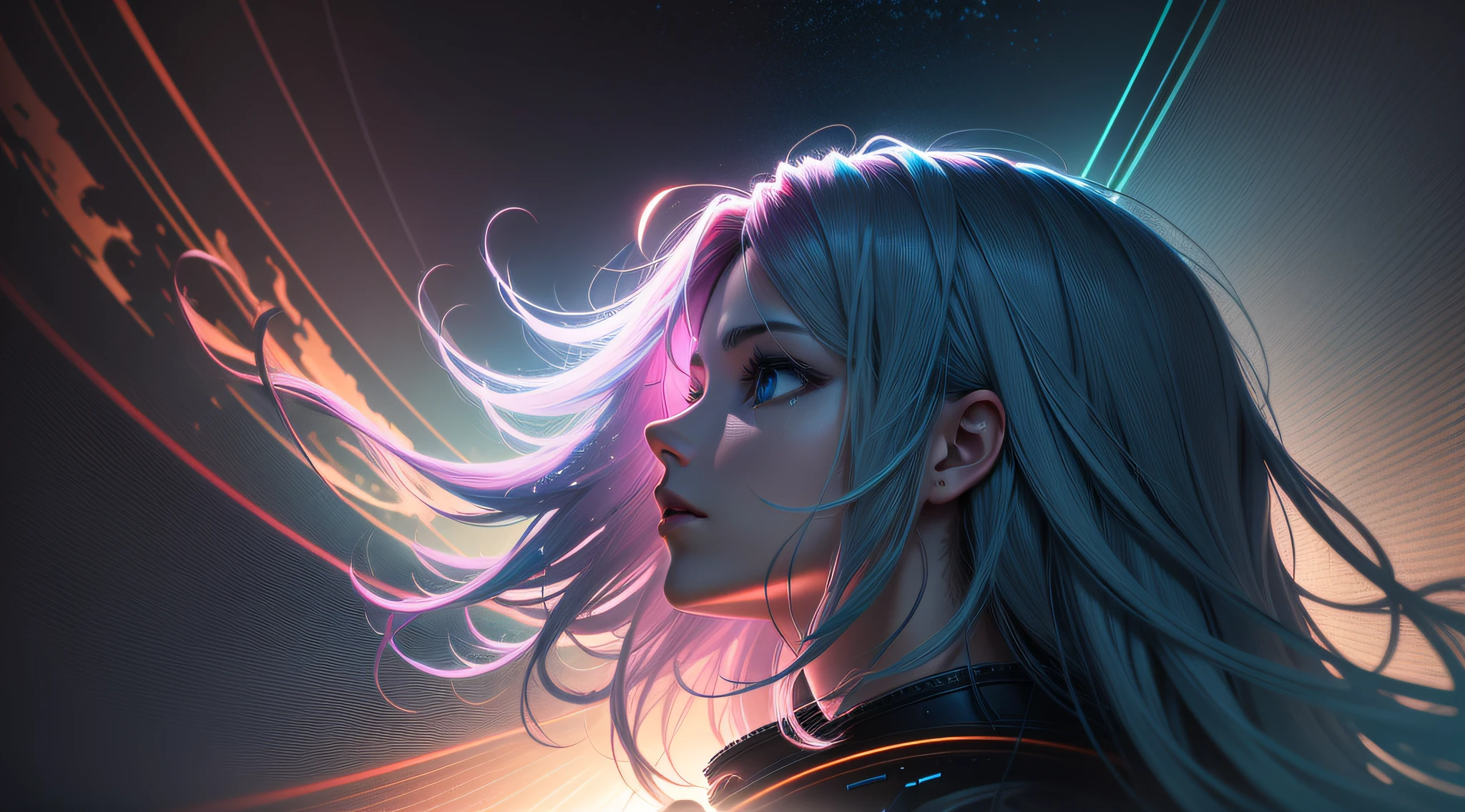 halo, gradient hair, glaring, cinematic lighting, anaglyph, god rays, from below, UHD, anatomically correct