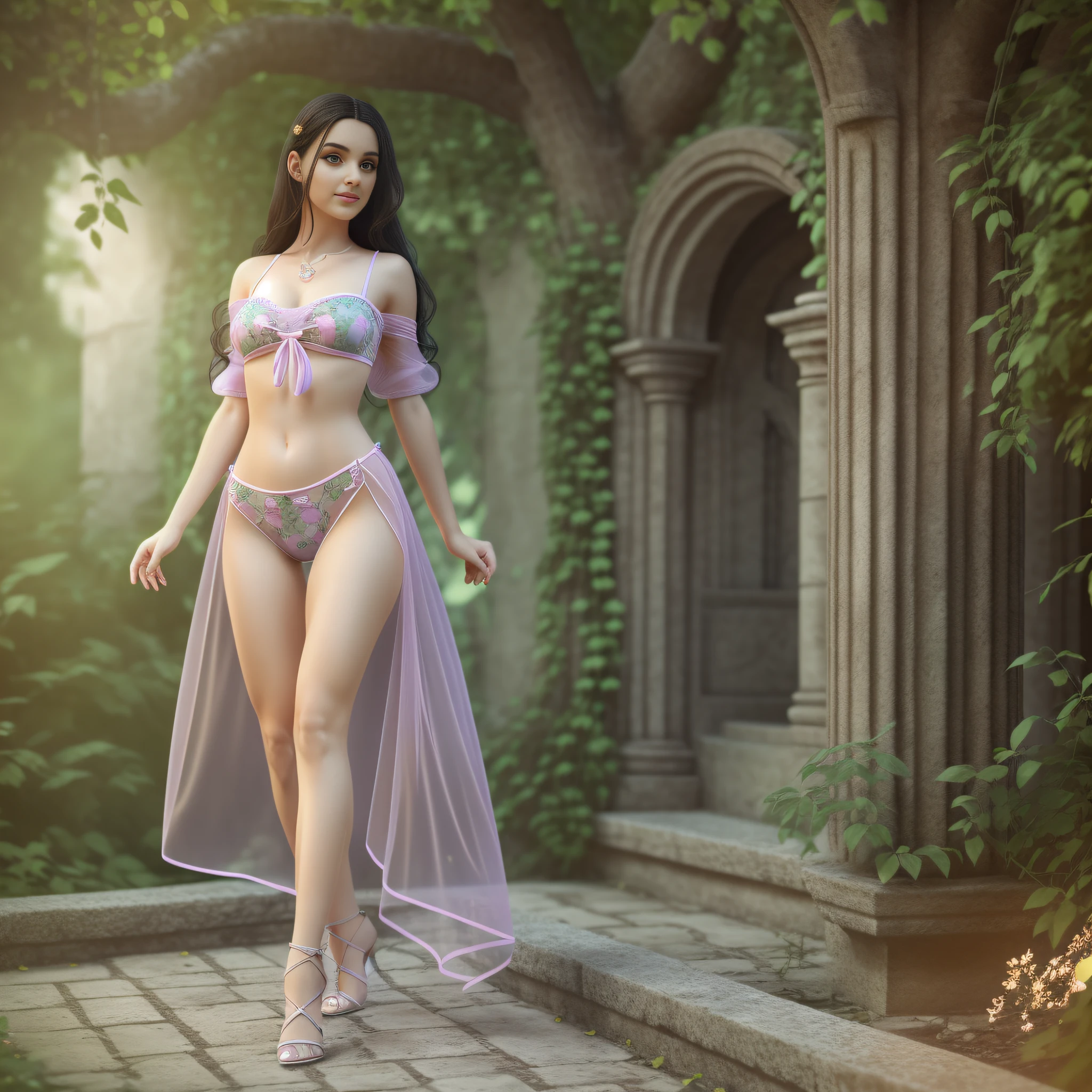 Full body, EVA Rapunzel girl with graceful figure with black hair in the Garden of Eden, girl's body sexy, legs long and graceful, graceful ankles, in the background tree of life on which serpent tempts and red apple of life knowledge, serpent tempts girl, photorealism, super detailed, site 500px, contrast lighting, outline around girl, fill light is soft, 32k