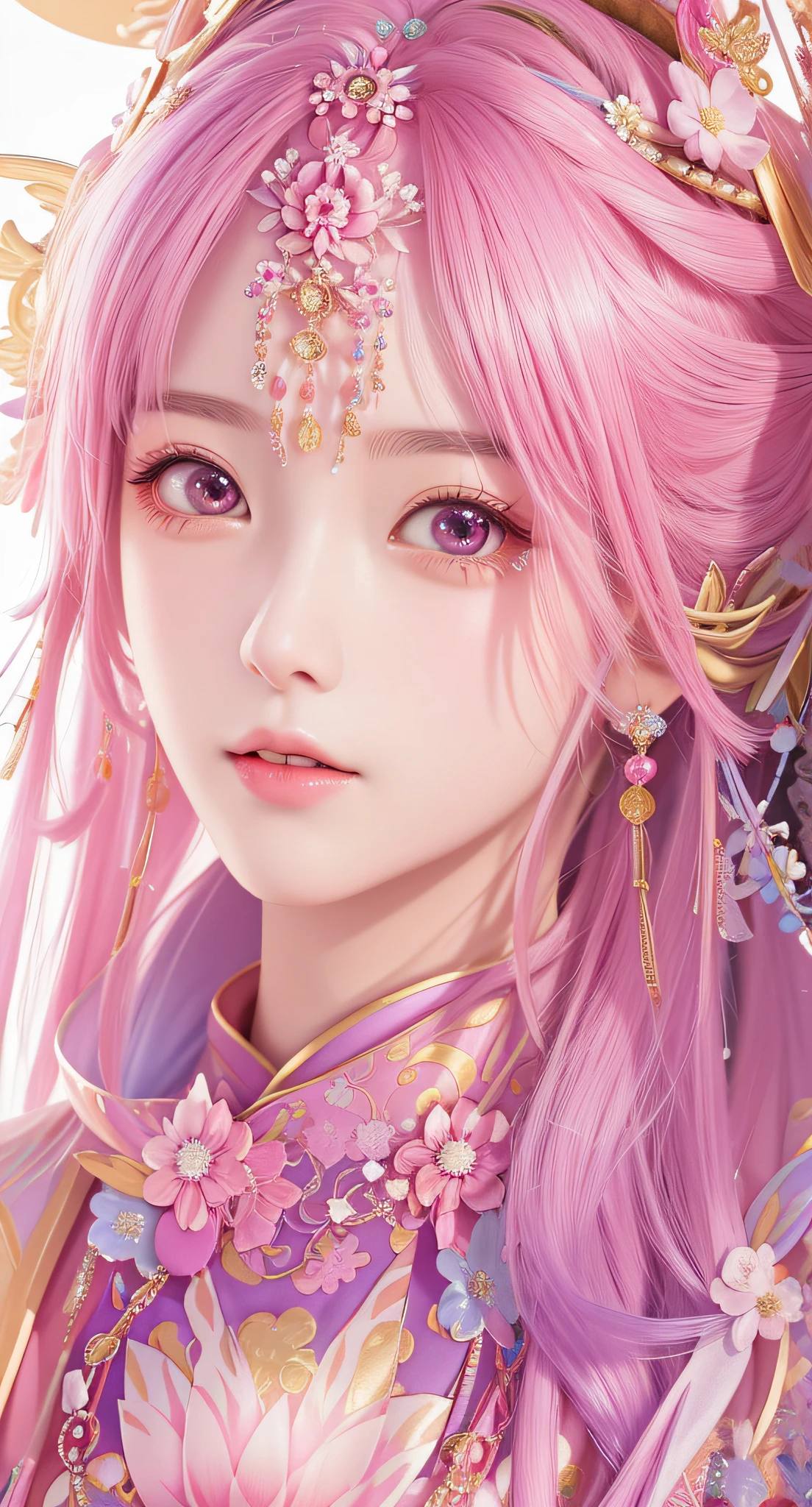 a close up of a woman with a colorful headpiece and a pink dress, palace ， a girl in hanfu, beautiful anime face, stunning anime face portrait, chinese girl, a beautiful fantasy empress, beautiful anime girl, extremely beautiful face, ethereal beauty, beautiful fantasy maiden, oriental face, beautiful aesthetic face, chinese fantasy, beautiful anime woman, chinese style