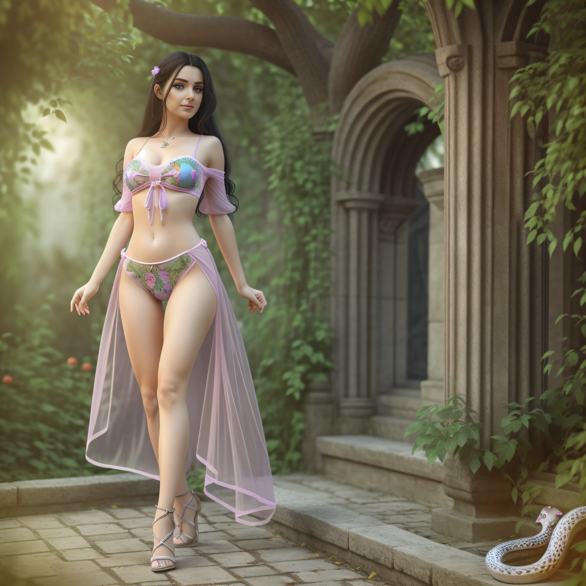 Full body, EVA Rapunzel girl with graceful figure with black hair in the Garden of Eden, girl's body sexy, legs long and graceful, graceful ankles, in the background tree of life on which serpent tempts and red apple of life knowledge, serpent tempts girl, photorealism, super detailed, site 500px, contrast lighting, outline around girl, fill light is soft, 32k