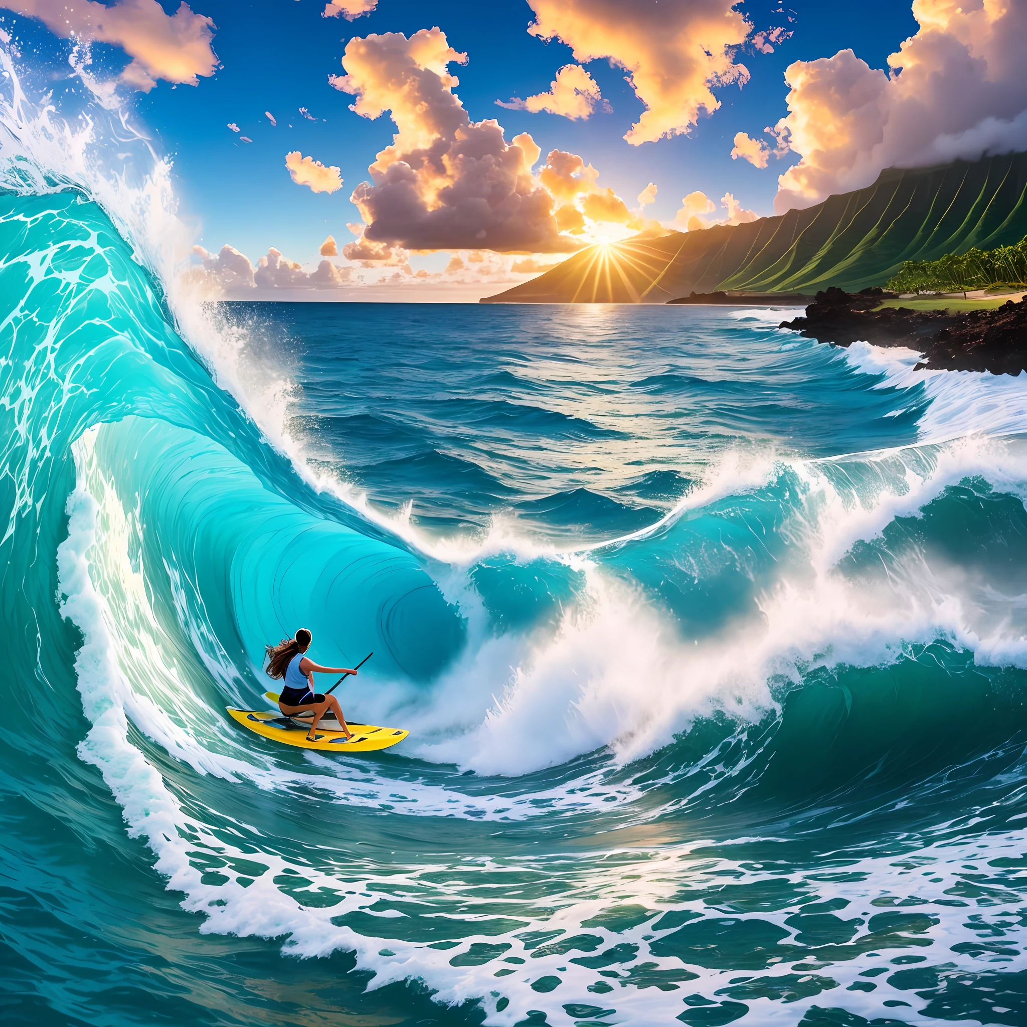 Set azure waters cradle the shore of the Hawaiian Islands, the breaking waves calling you to come and take on their challenge. Feel the rush of being surrounded by life-sized glittering gems, the power of the ocean and the perfect form of the wave that awaits your arrival. Experience the unmatched thrill of riding high, the rush of the moment as you feel weightlessness and bask in the beauty of the paradise that is Hawaii. 

2. Serene shades of blue blend with bright sunshine, the ripples on the ocean's surface a gentle reminder to take a breath and experience the unique atmosphere and vibrant culture of the Hawaiian Islands. Feel your adrenaline rise as you come across the beauty of the strong, majestic waves that are perfect for thrilling, once-in-a-lifetime experiences. Feel the ultimate in freedom, and take on the challenge of the Hawaiian waves that will leave you with unforgettable memories of an unforgettable adventure!  

3. Feel the calming power of nature as you stand surrounded by the Hawaiian waves, crystal-clear waters around you and lush greenery to explore. Take a break from reality and embrace the energy of the ocean, feeling the energy and potential of an unforgettable surf session. Knock yourself out of your everyday worries and join the locals, paddling in the warm shallows and going full tilt to ride those perfect waves in Hawaii's biggest breakers. Get ready to be swept away by this paradise and the wild and amazing waves it has to offer. --auto --s2