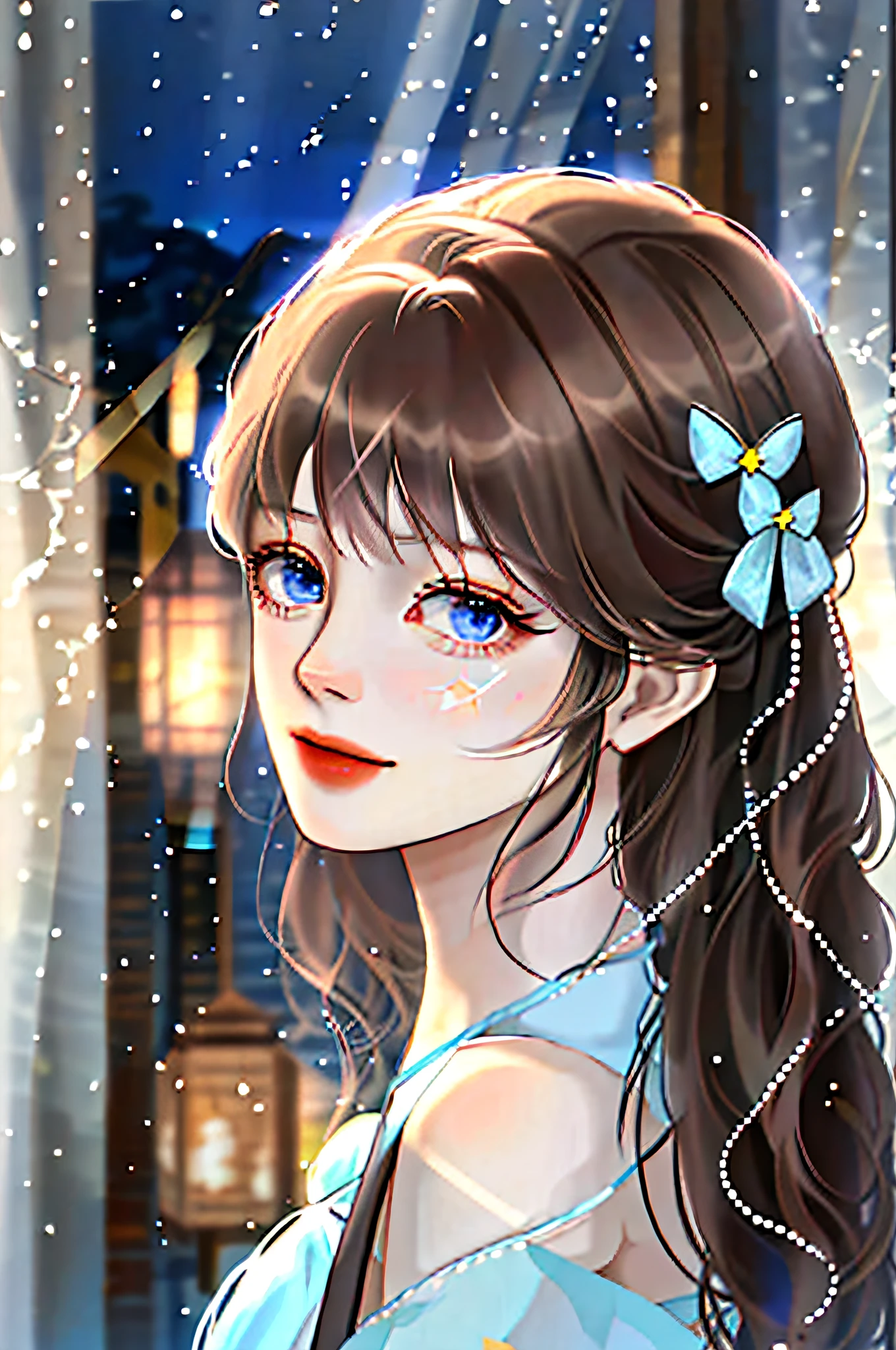 (Extremely Delicate Beauty:1.2) ,1girl, fashi-girl, bangs, blue eyes, blurry background, bow, brown hair, shut up, from side, hair between eyes, bows, lanterns, light particles, long sleeves, looking at the audience, medium hair, night, red bows, solo, star\ (symbol\), upper body, smile, red lips