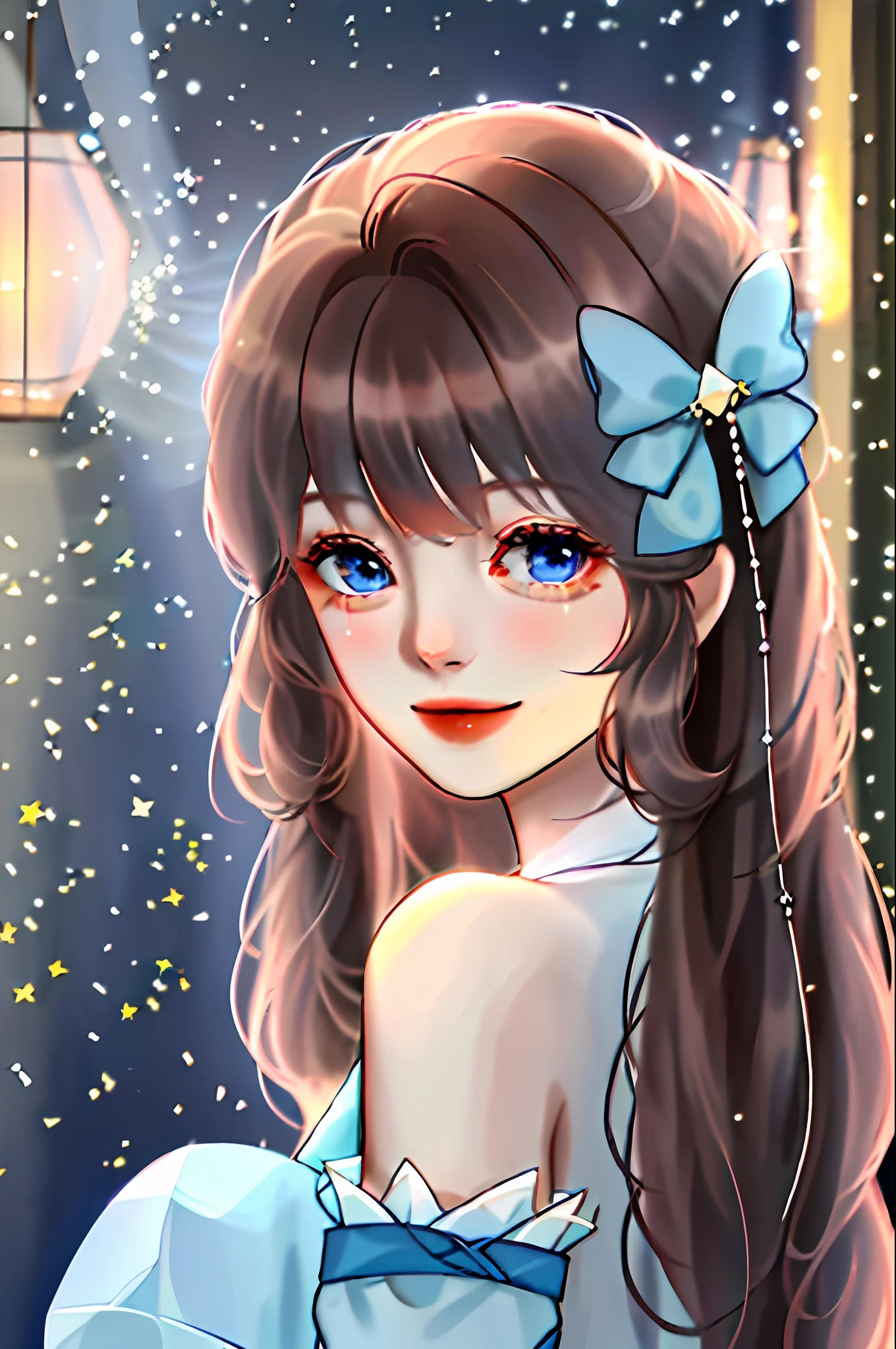 (Extremely Delicate Beauty:1.2) ,1girl, fashi-girl, bangs, blue eyes, blurry background, bow, brown hair, shut up, from side, hair between eyes, bows, lanterns, light particles, long sleeves, looking at the audience, medium hair, night, red bows, solo, star\ (symbol\), upper body, smile, red lips