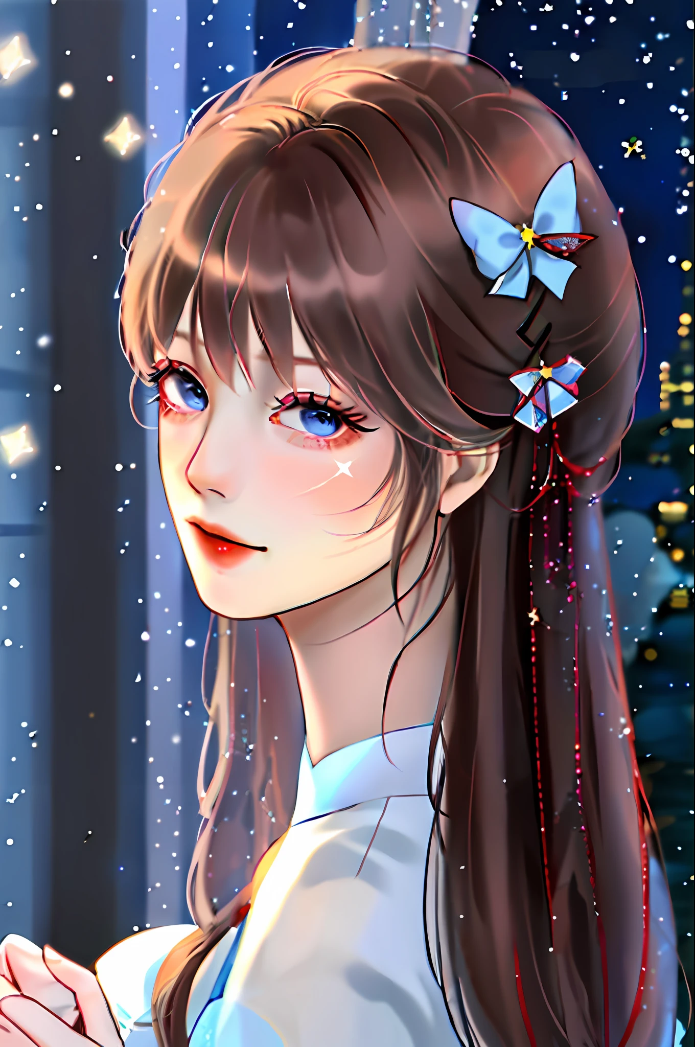 (Extremely Delicate Beauty:1.2) ,1girl, fashi-girl, bangs, blue eyes, blurry background, bow, brown hair, shut up, from side, hair between eyes, bows, lanterns, light particles, long sleeves, looking at the audience, medium hair, night, red bows, solo, star\ (symbol\), upper body, smile, red lips