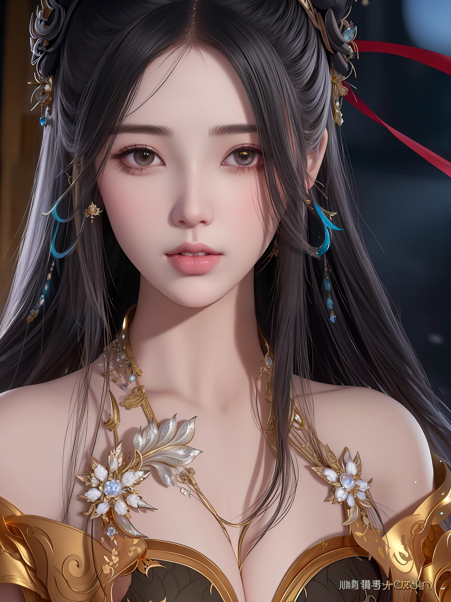 a close up of a woman with long hair wearing a gold dress, ig model | artgerm, trending on cgstation, a beautiful fantasy empress, artwork in the style of guweiz, trending at cgstation, ruan jia and artgerm, guweiz, inspired by Ai Xuan, realistic. cheng yi, ((a beautiful fantasy empress))