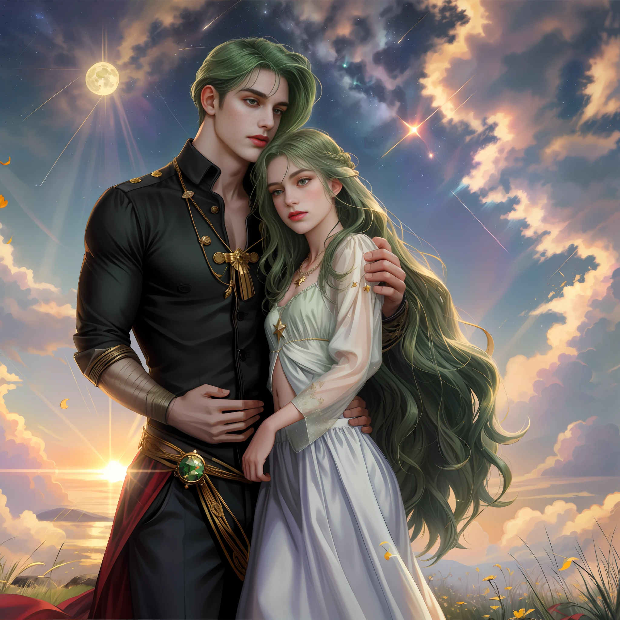 Full-body image, 8K, A masterpiece, the most detailed, the highest quality, the perfect look. too realistic oil, create fit, man, lean shape, thin, small, hip-length wavy hair, green hair, flat belly, diamond ring necklace, heaven, stars, sunlight, moonlight, moon, firefly, wilted petals, shooting star, clouds,
