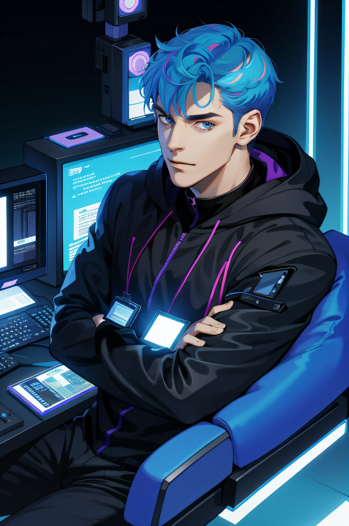 (absurdres, highres, ultra detailed), 1 male, mature, manly, tall muscular, handsome, finely detailed eyes, intricate details, portrait, looking at viewer, solo, half shot, detailed background, detailed face, (1980s synthwave theme:1.1)  high-tech futuristic hacker, smirk, advanced technology, hoodie, techwear, wearable device, keycard, cables,   (holographic display:1.05),   computer, password, control panel in background, blue lights,  dark sinister atmosphere, shadows,